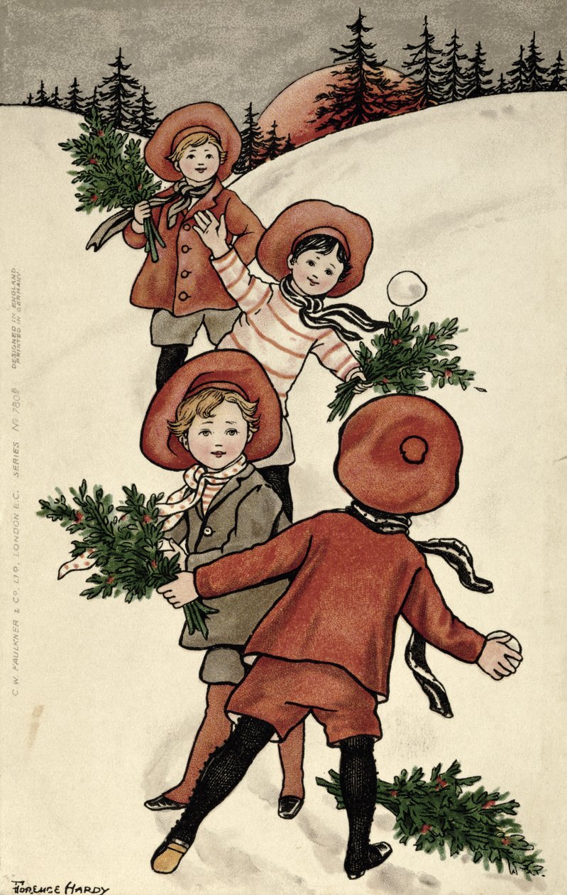 Dzieci z Holly rzucające śnieżkami (kolor lito) autorstwa Florence Hardy