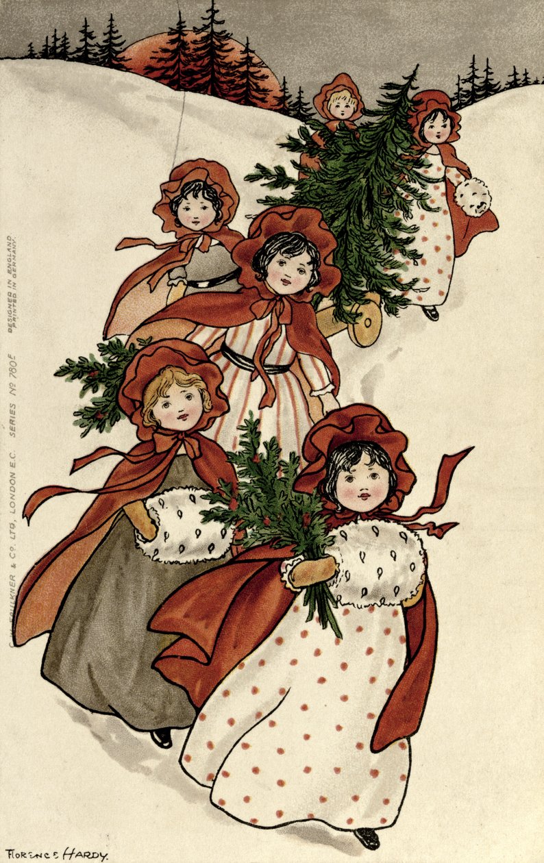 Małe dziewczynki z Holly i choinką autorstwa Florence Hardy