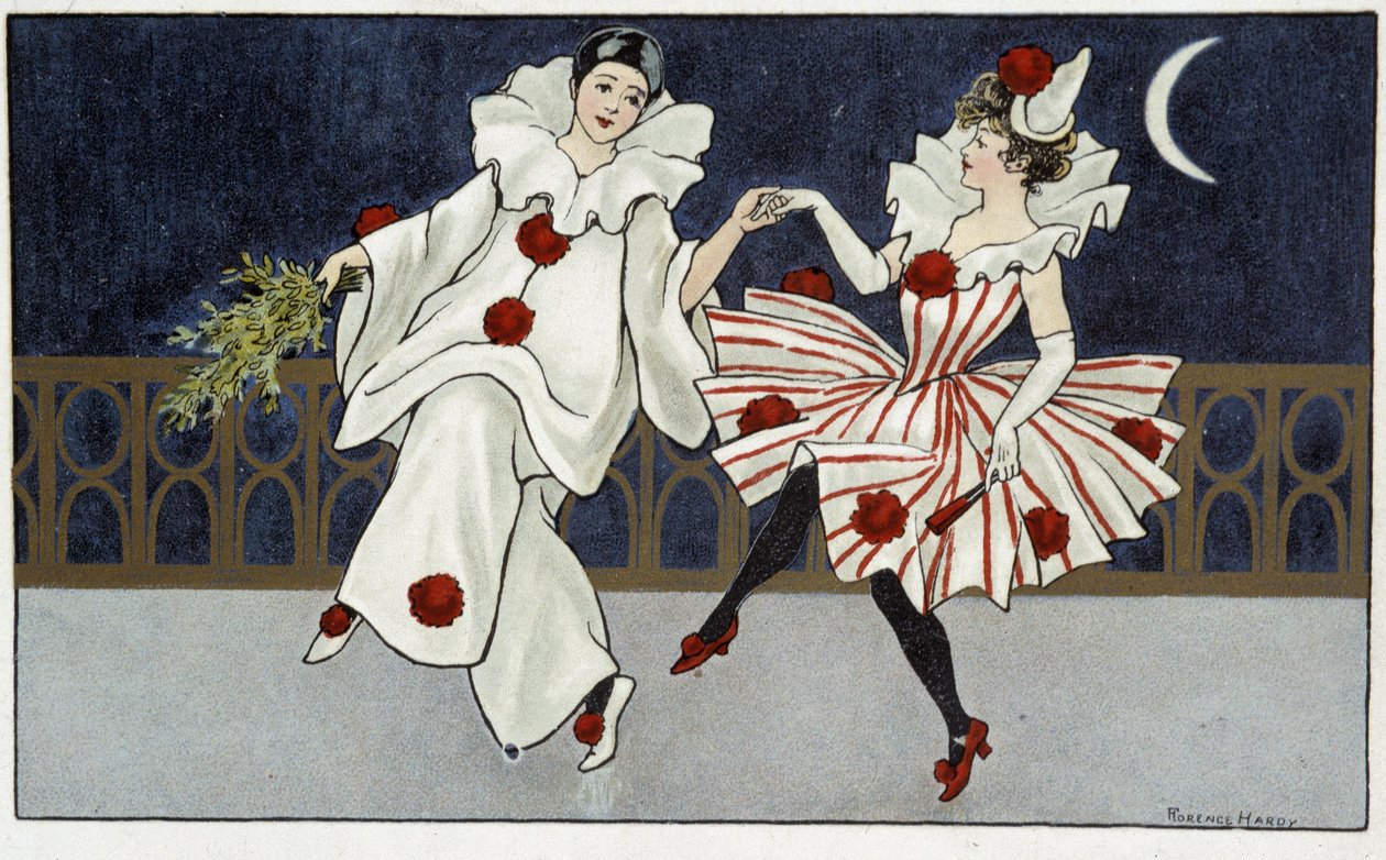 Pierrot i Colombine tańczą w świetle księżyca - dess. przez Florence Hardy, deb. XX wiek autorstwa Florence Hardy