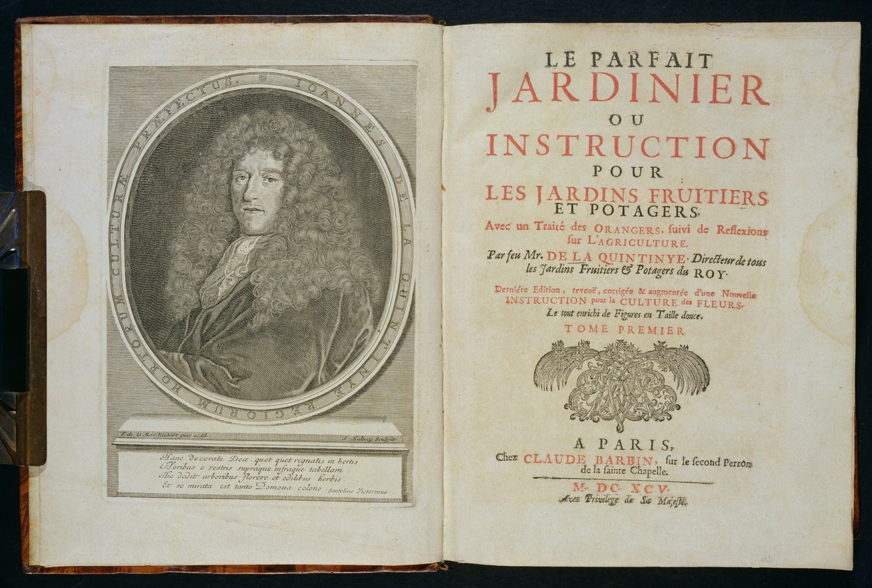 Strona tytułowa i frontispis portretowy autora z Le Parfait Jardinier, ou Instruction pour les Jardins Fruitiers et Potager, Jean de la Quintinye, wydana w 1695 r. autorstwa Florent Richard de Lamarre
