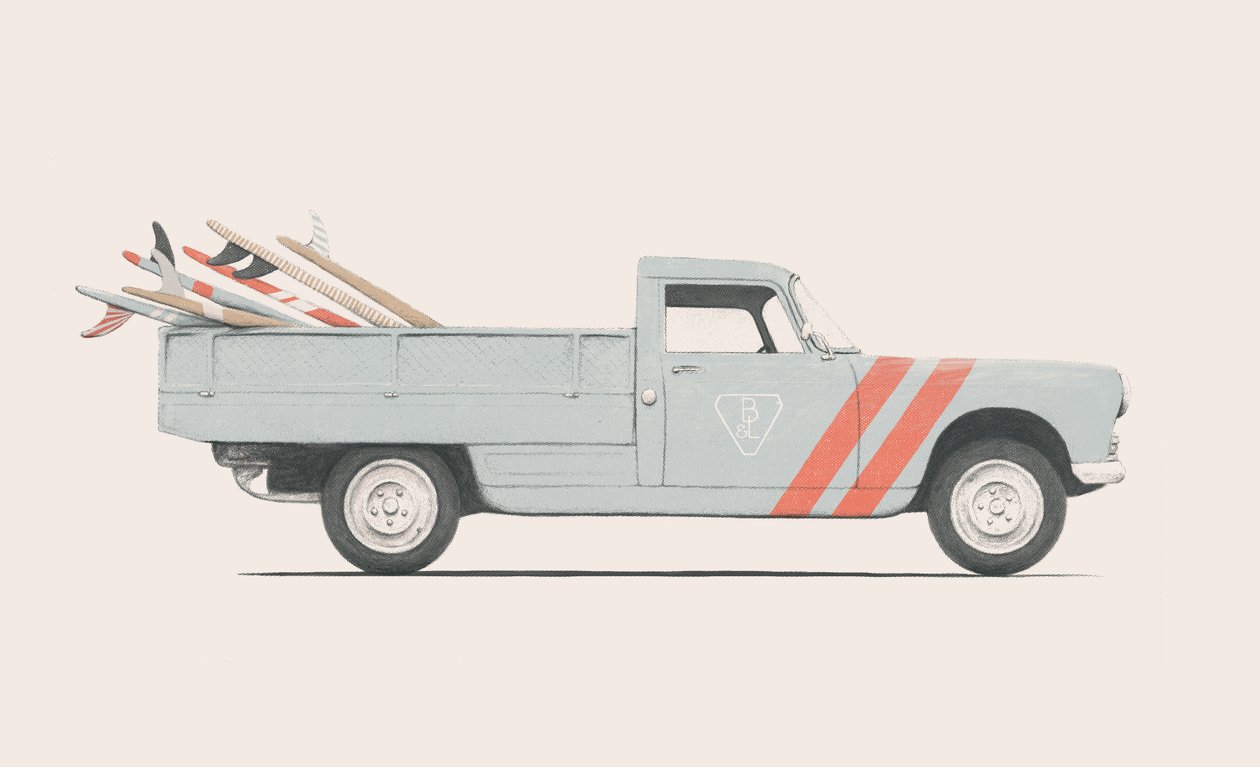 Pick-up z deskami surfingowymi, 2019 (ołówek, cyfrowo) autorstwa Florent Bodart