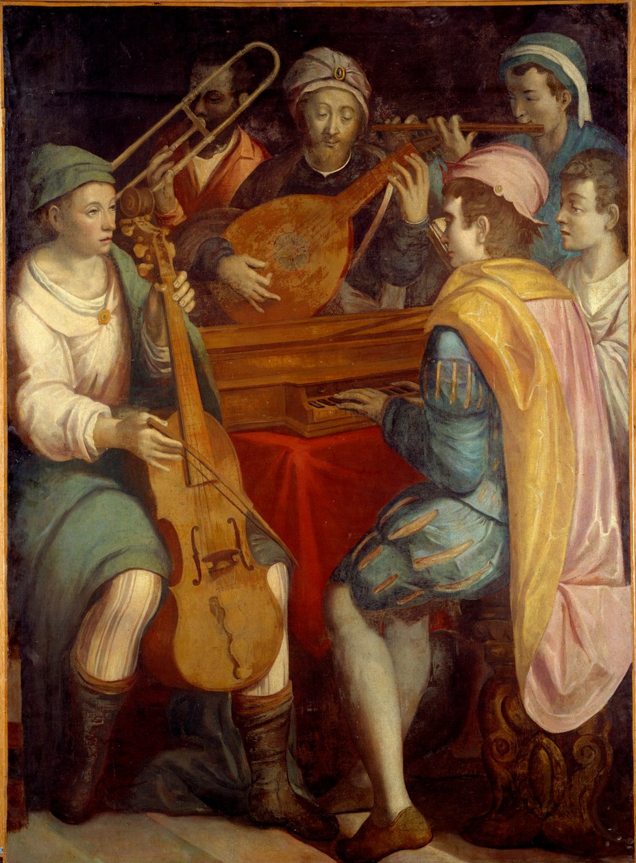 Muzycy na lutni koncertowej, epinet, puzon i viola de gamba. Anonimowy obraz szkoły florenckiej 1550-1600. Słońce 1,8x1,3m² autorstwa Florentine School