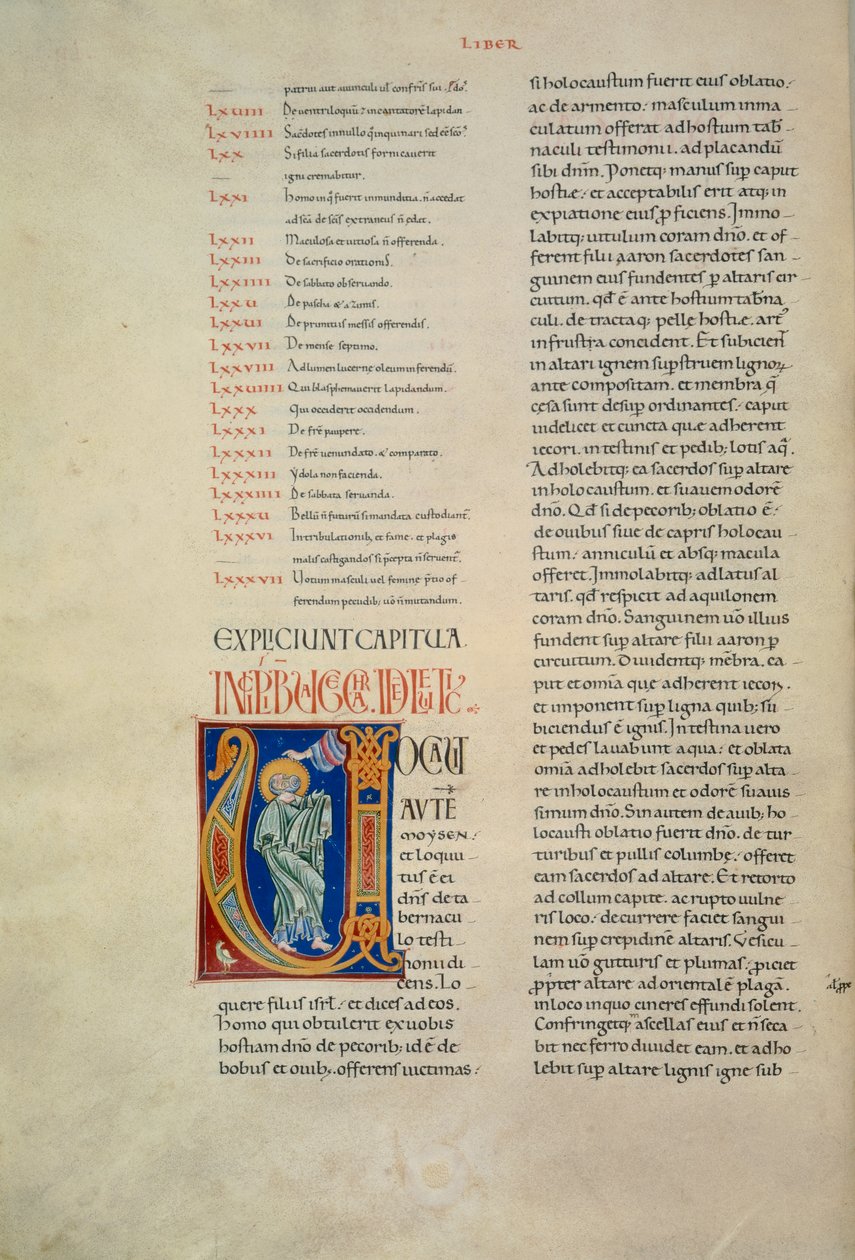 Strona z Biblii Corbolino z inicjałem przedstawiającym Boga przemawiającego do Mojżesza (Cod. Conventi Soppressi 630, c. 52v), rękopis autorstwa Florentine School