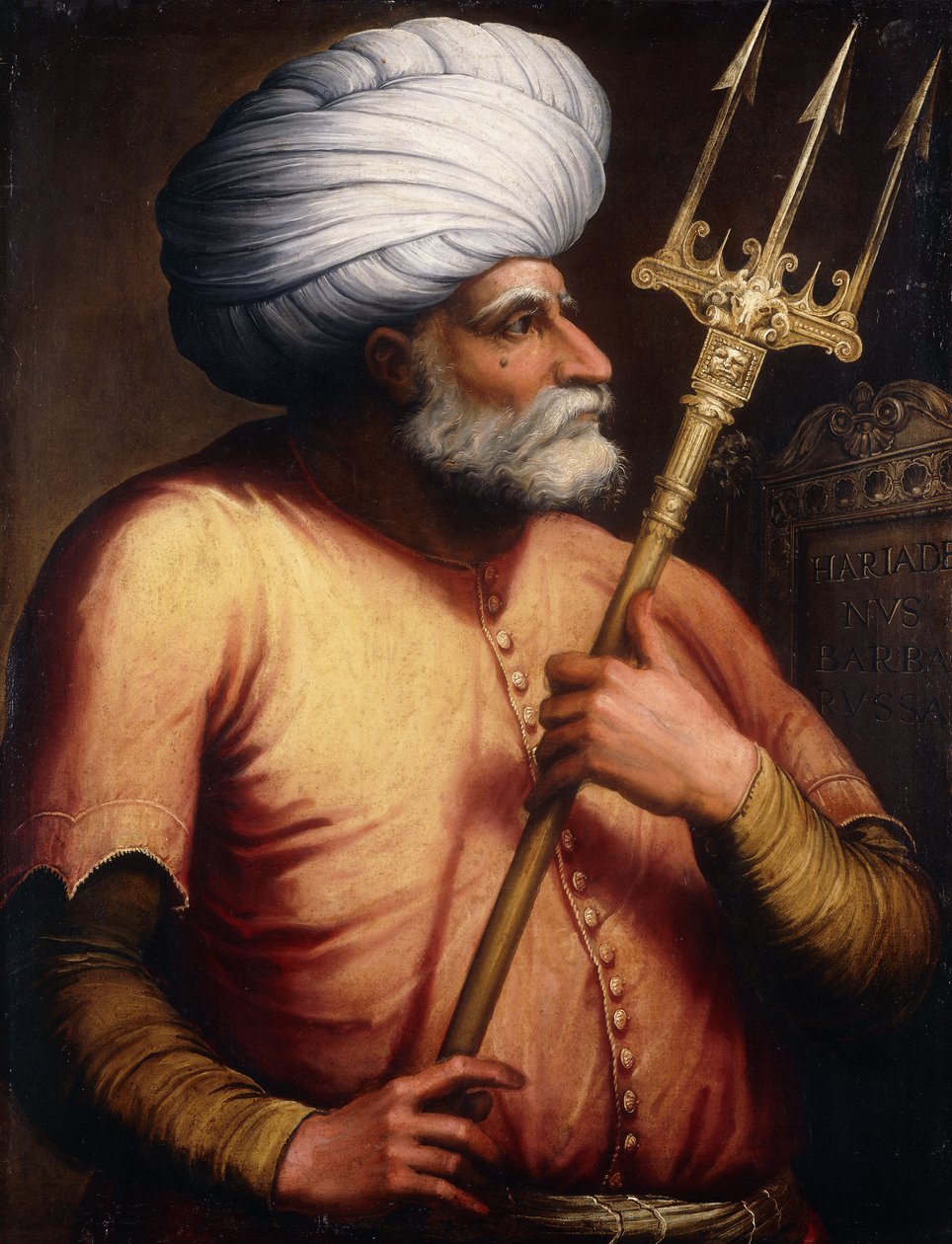 Portret Khair el-Din Barbarossa, do połowy długości, trzymający trójząb, ok.1580 autorstwa Florentine School