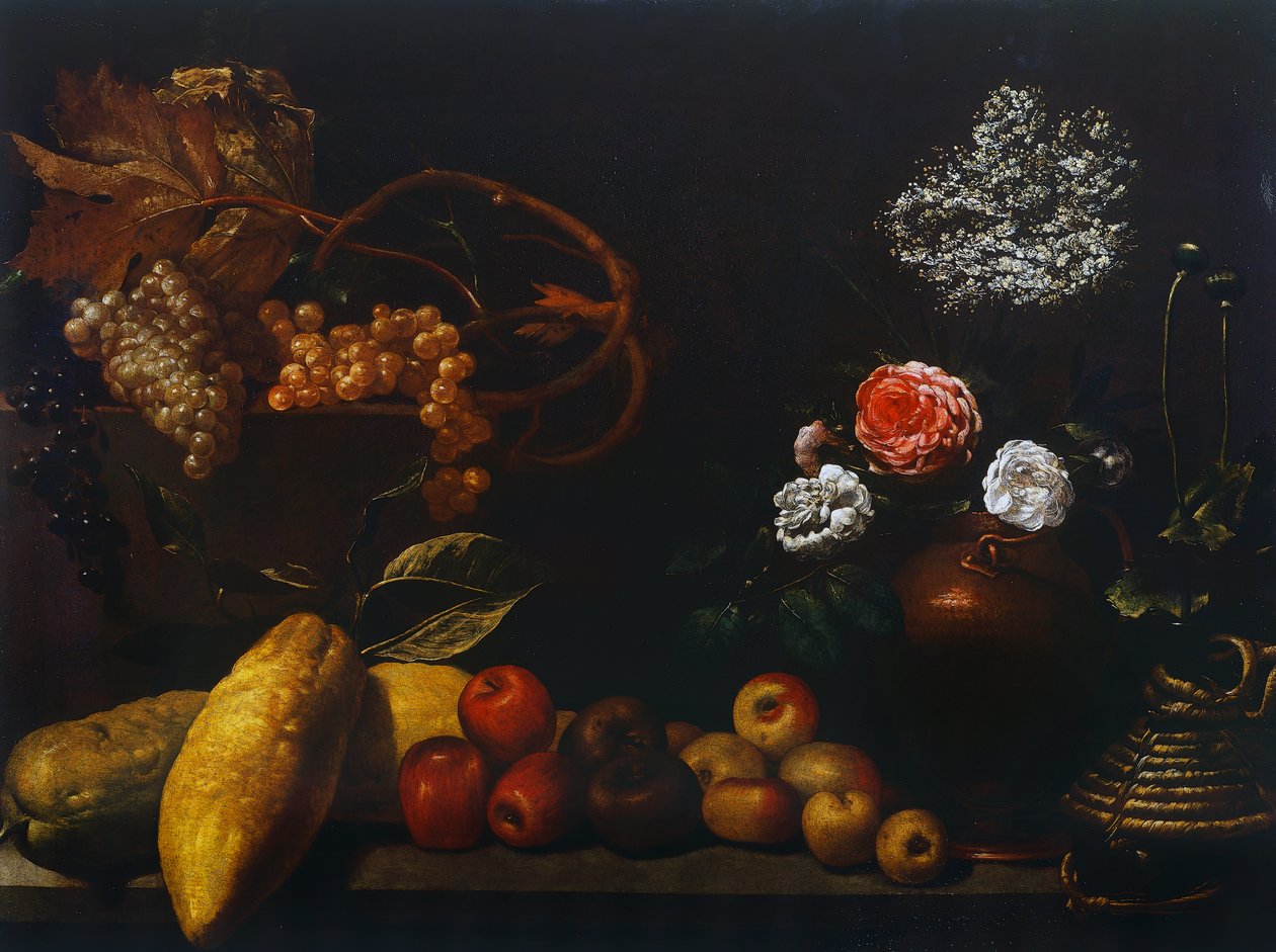 Martwa natura z dzbanem miedzi, róż, winogron, kwiatów czarnego bzu, cytrusów i jabłek, autorstwa nieznanego artysty z Florencji, Włochy autorstwa Florentine School
