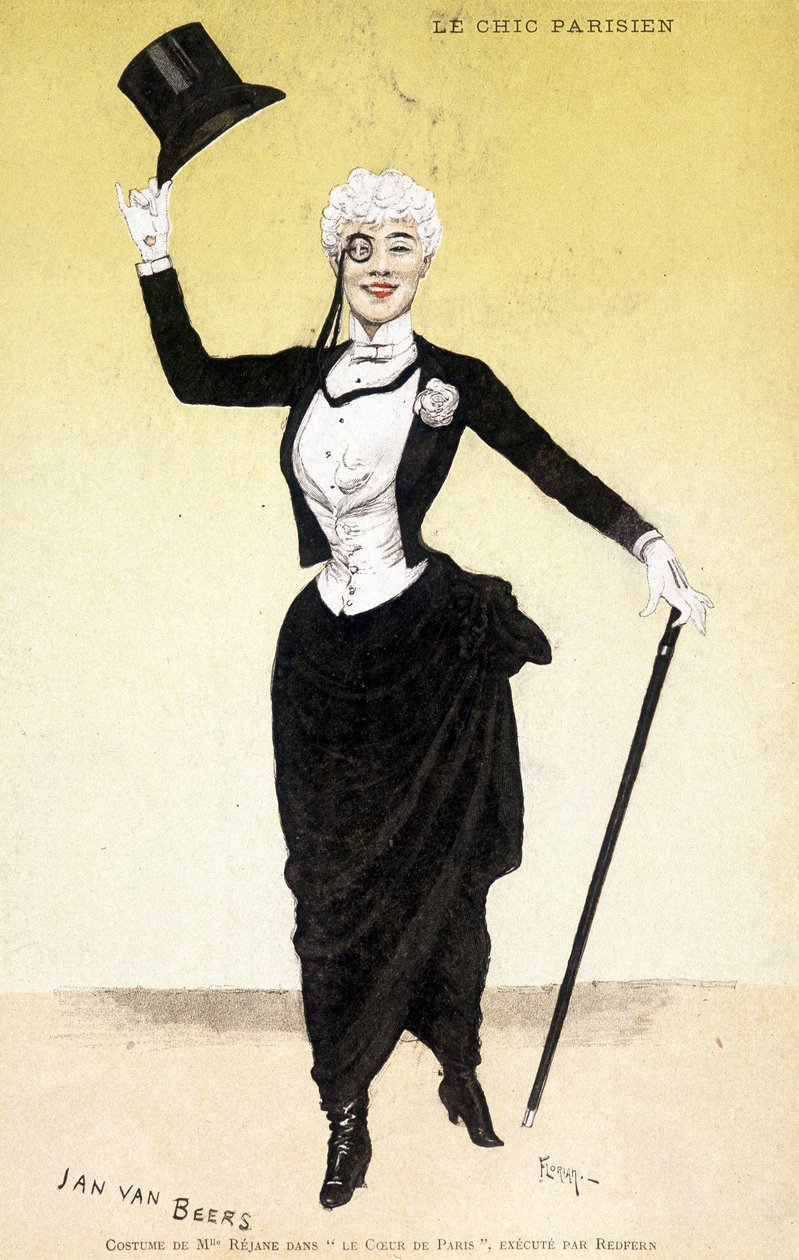 Szyk paryski (dandy - dandysme): kostium Mademoiselle Réjane w „Sercu Paryża”. Kostium projektanta mody Jana Van Beersa (1852-1927), wykonany przez Redfern. Rysunek autorstwa Floriana. autorstwa Florian