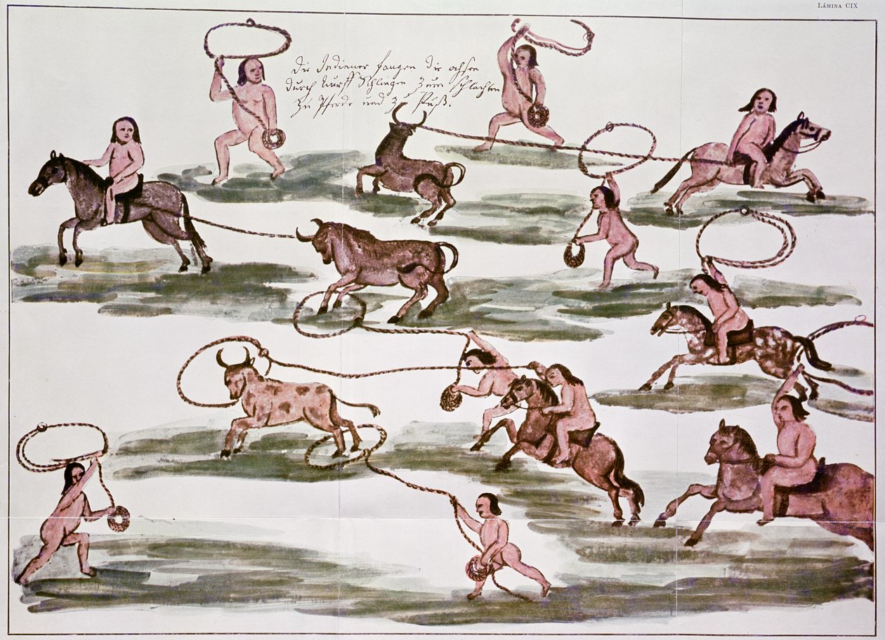 Indyjska metoda polowania Mocovi, ilustracja z „Hacia alla y para aca” (kolor litho) autorstwa Florian Paucke