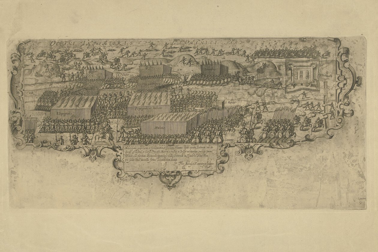 Bitwa pod Leffingedijk między wojskami stanowymi Ernsta Kazimierza z Nassau i Hiszpanami Albrechta Austrii, 1600 r. autorstwa Floris Balthasarsz. van Berckenrode