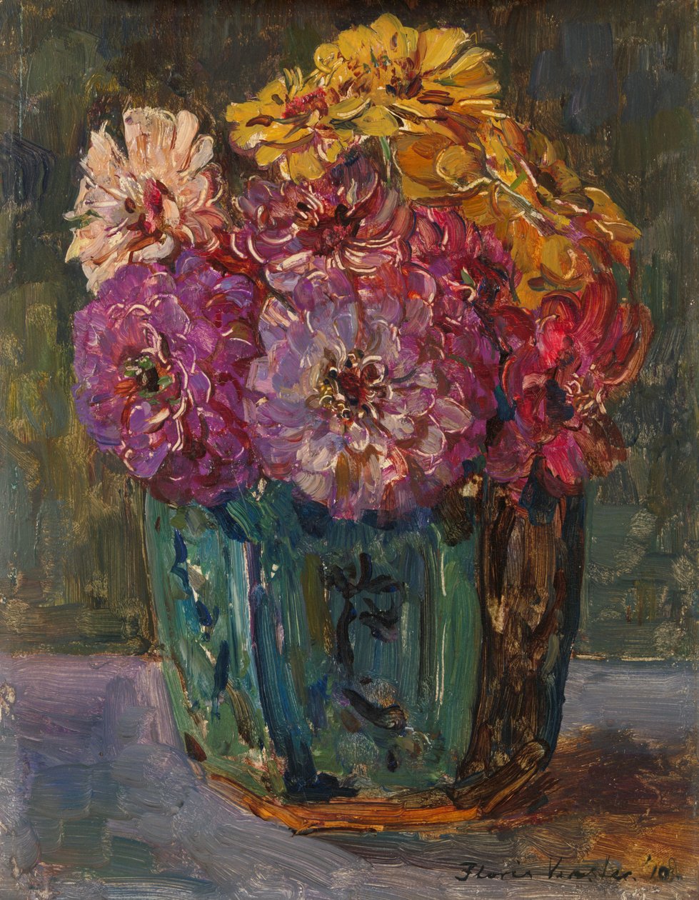 Martwa natura z Zinnias w zielonym słoiku autorstwa Floris Verster