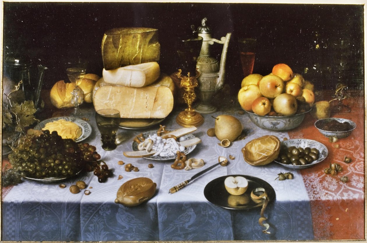 Holenderski: Martwa natura z owocami, serem, chlebem i winem Nakryty stół z serem i owocami autorstwa Floris van Dyck