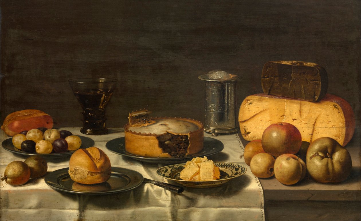 ""Petit dejeuner (petit-dejeuner) hollandais"" (śniadanie holenderskie) Martwa natura z serem, ciastem, owocami, chlebem Obraz Florisa van Schootena (ok. 1590-po 1655), - Olej na desce Dim 50x82 cm Królewskie Muzeum Sztuk Pięknych Sztuka, Antwerpia autorstwa Floris Gerritsz van Schooten