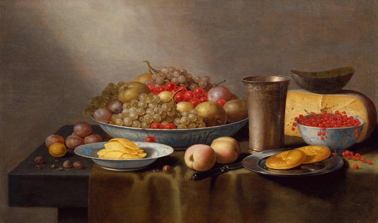 Martwa natura z owocami, serem, chlebem i kielichem (olej na panelu) autorstwa Floris Gerritsz van Schooten