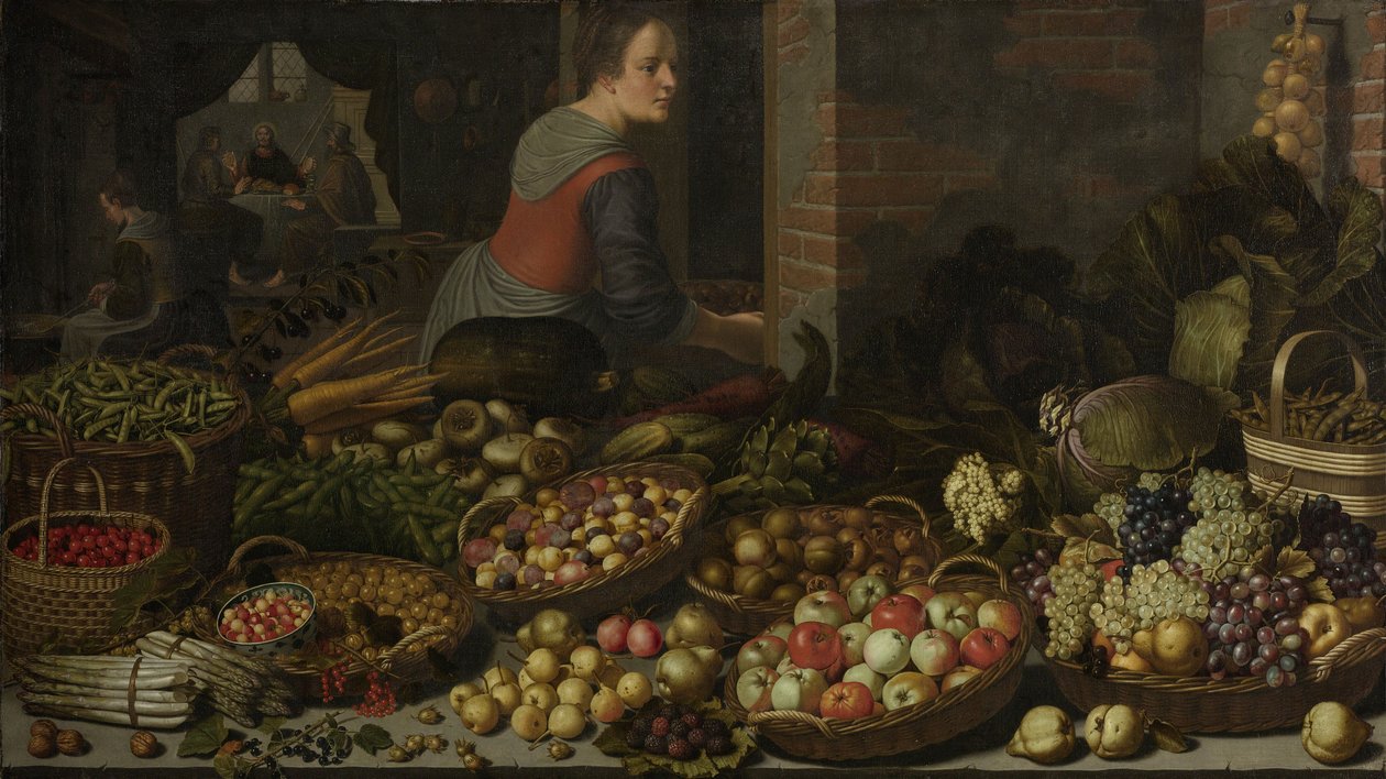 Martwa natura z owocami i warzywami, z Chrystusem w Emaus w tle, ok. godz. 1630 autorstwa Floris Gerritsz van Schooten