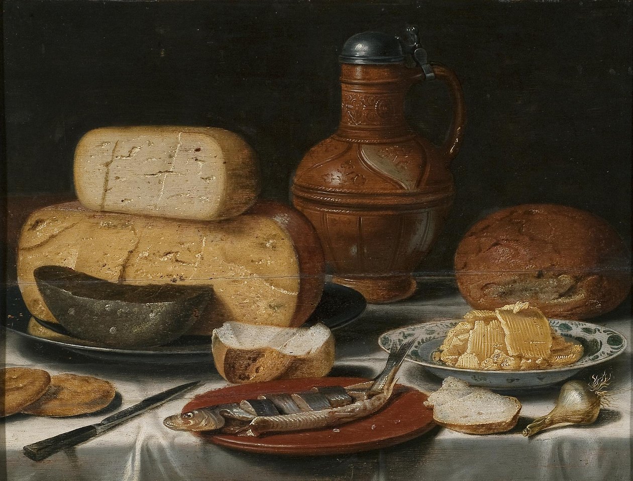 Martwa natura z serem, śledziem, chlebem i winem autorstwa Floris van Schooten