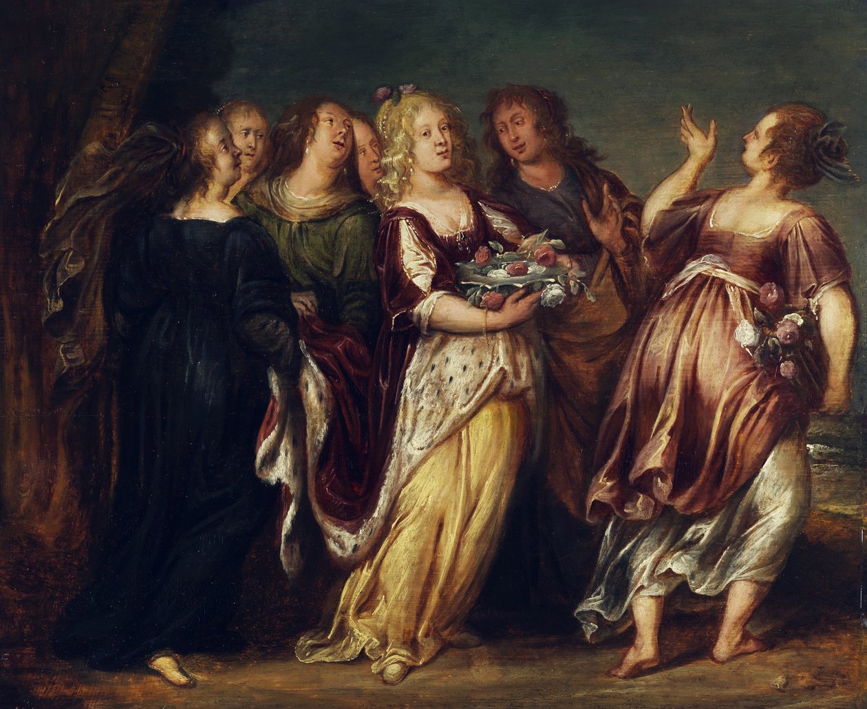 Młody władca w ślad za sześcioma dziewczynami niosącymi miskę kwiatów autorstwa Follower of Abraham Janssens