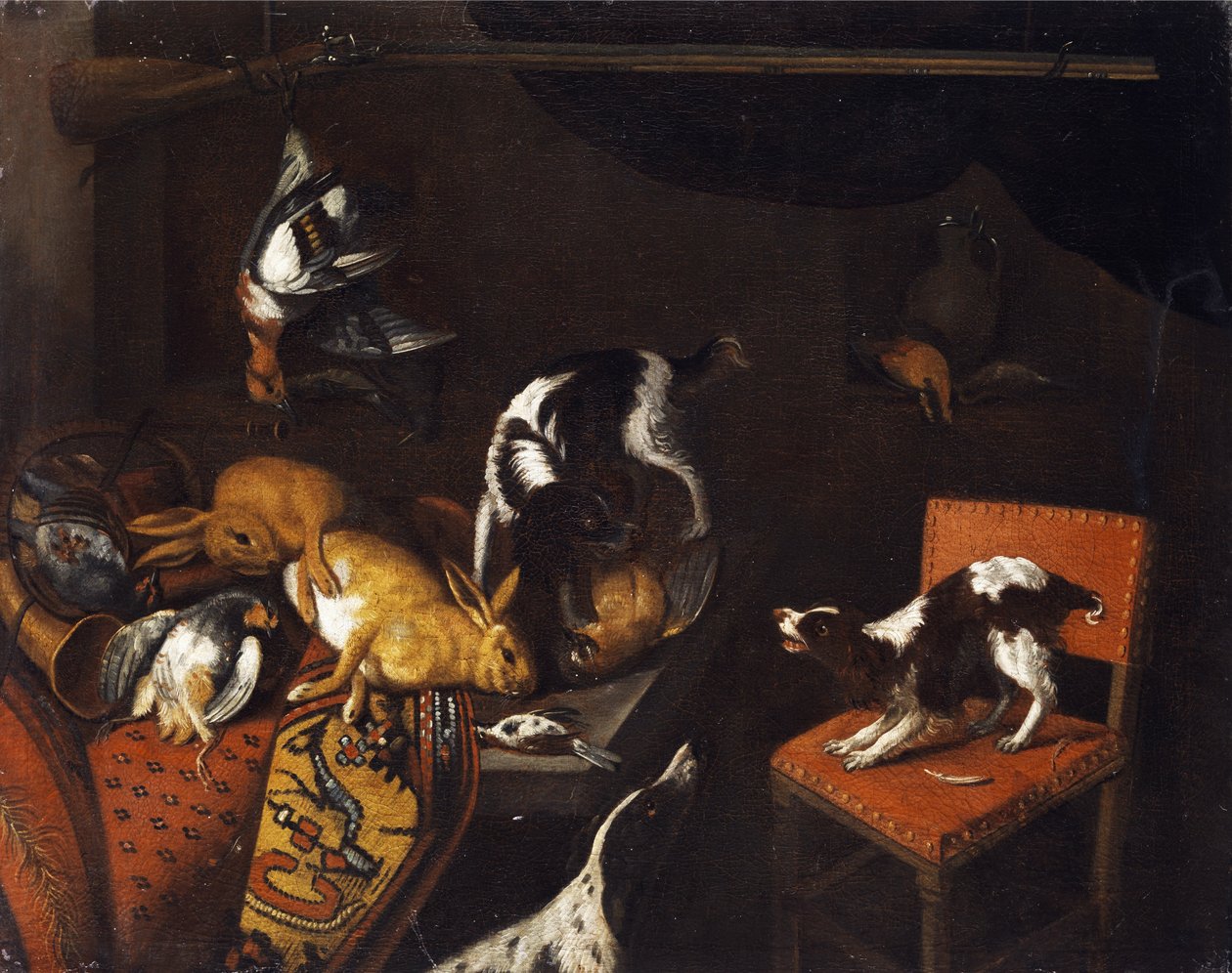 Martwa natura z martwymi zającami i ptakami, fotel, psy, broń myśliwska autorstwa Follower of Frans Snyders