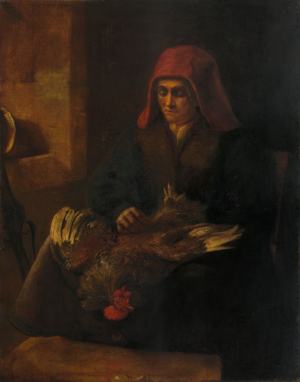 Stara kobieta skubająca ptactwo autorstwa Follower of Rembrandt van Rijn