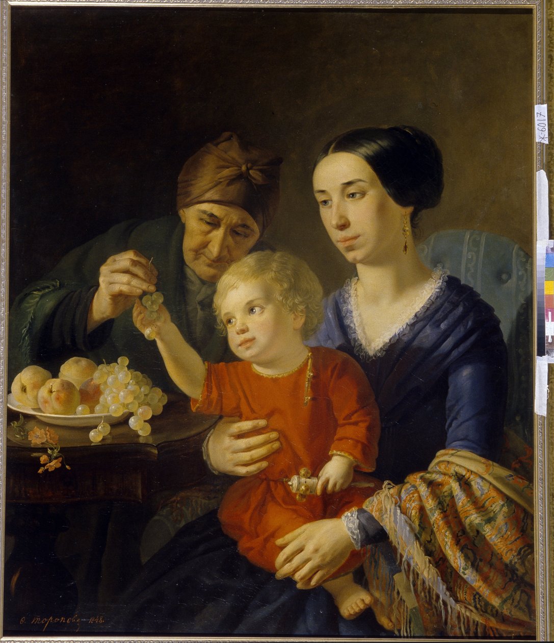 Portret rodzinny. Niemowlę trzymające grzechotkę na kolanach matki otrzymuje winogrona od babci. Obraz Fomy Gavrilovicha Toropova (1821-1898), olej na płótnie autorstwa Foma Gavrilovich Toropov