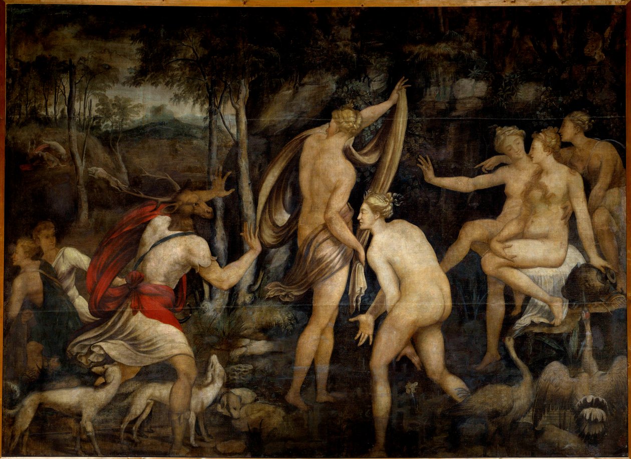 Diane (Artemida), bogini łowiectwa, i Acteon, myśliwy Malarstwo szkoły w Fontainebleau (XVI wiek). Wymiary 2,65 x 3,67 m² autorstwa Fontainebleau School