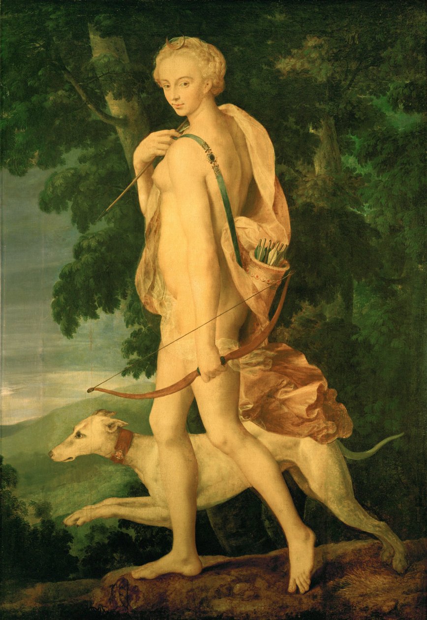 Diane chasseresse - polująca Diana. Diana to Diane de Poitiers. Obraz został zainspirowany brązem autorstwa Primaticcio ... autorstwa Fontainebleau School