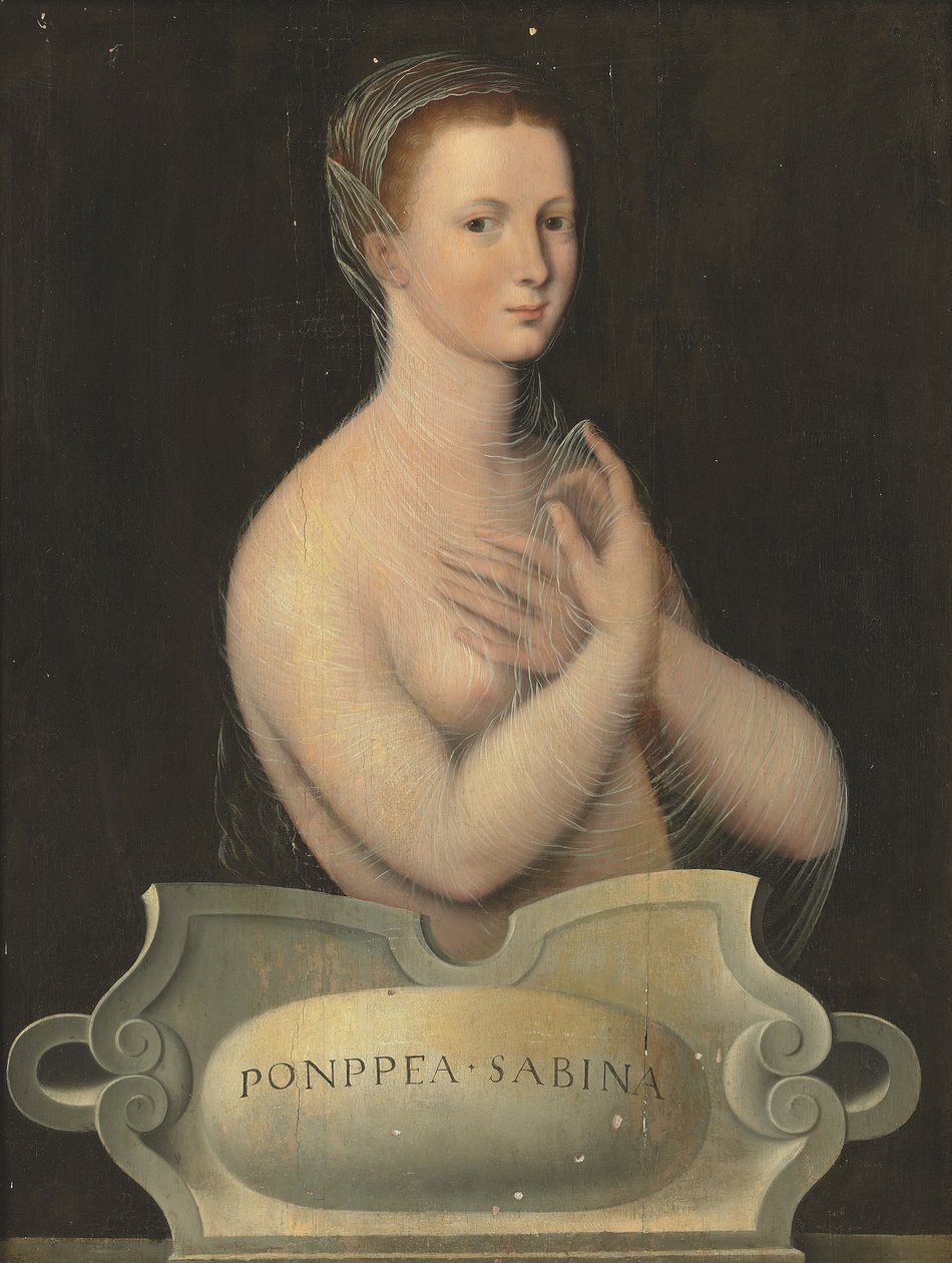 Portret Poppaea Sabina, półdługi, w przezroczystym welonie, przed kamiennym kartuszem (olej na płycie) autorstwa Fontainebleau School