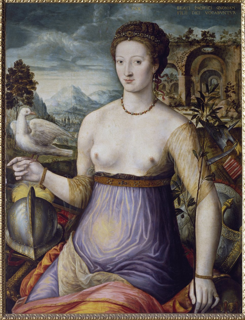 Alegoria Pokoju, czyli Diana de Poitiers trzymająca gołębicę Portret księżnej Valentinois Diany de Poitiers (1499-1566), ulubionej króla Francji Henryka II. Obraz Szkoły w Fontainebleau, XVI wiek. Florencja, Museo Nazionale del Bargel autorstwa Fontainebleau School
