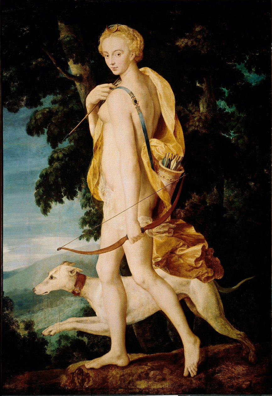 Bogini z kokardą towarzyszy pies. Malarstwo Szkoły w Fontainebleau. XVI w. niedz. 1,91 x 1,32 m Paryż, Musee du Louvre autorstwa Fontainebleau School