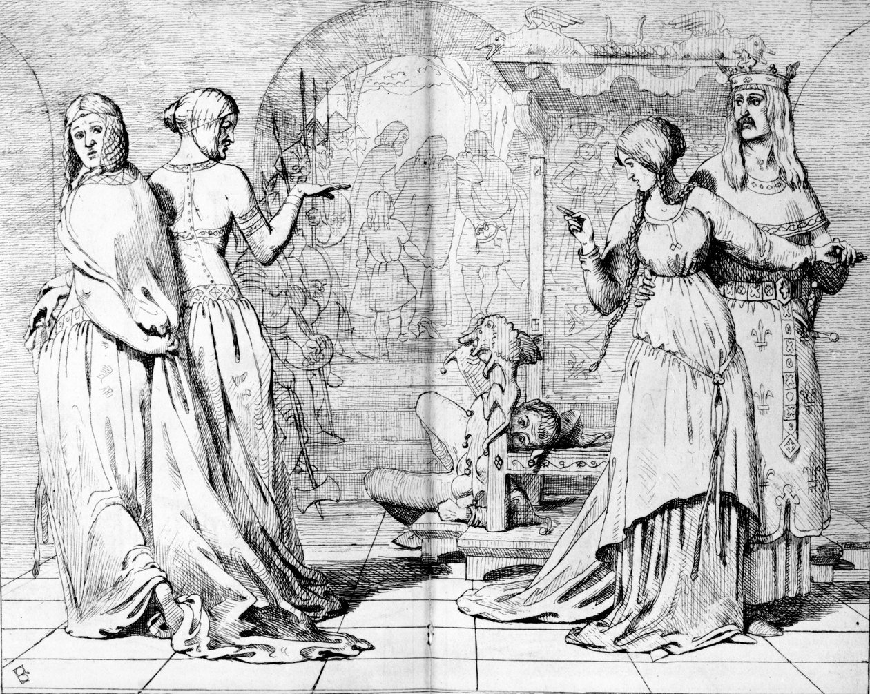 Cordelia wyprowadzona z Goneril i Regana, ilustracja z „Zarodka”, 1850 autorstwa Ford Madox Brown