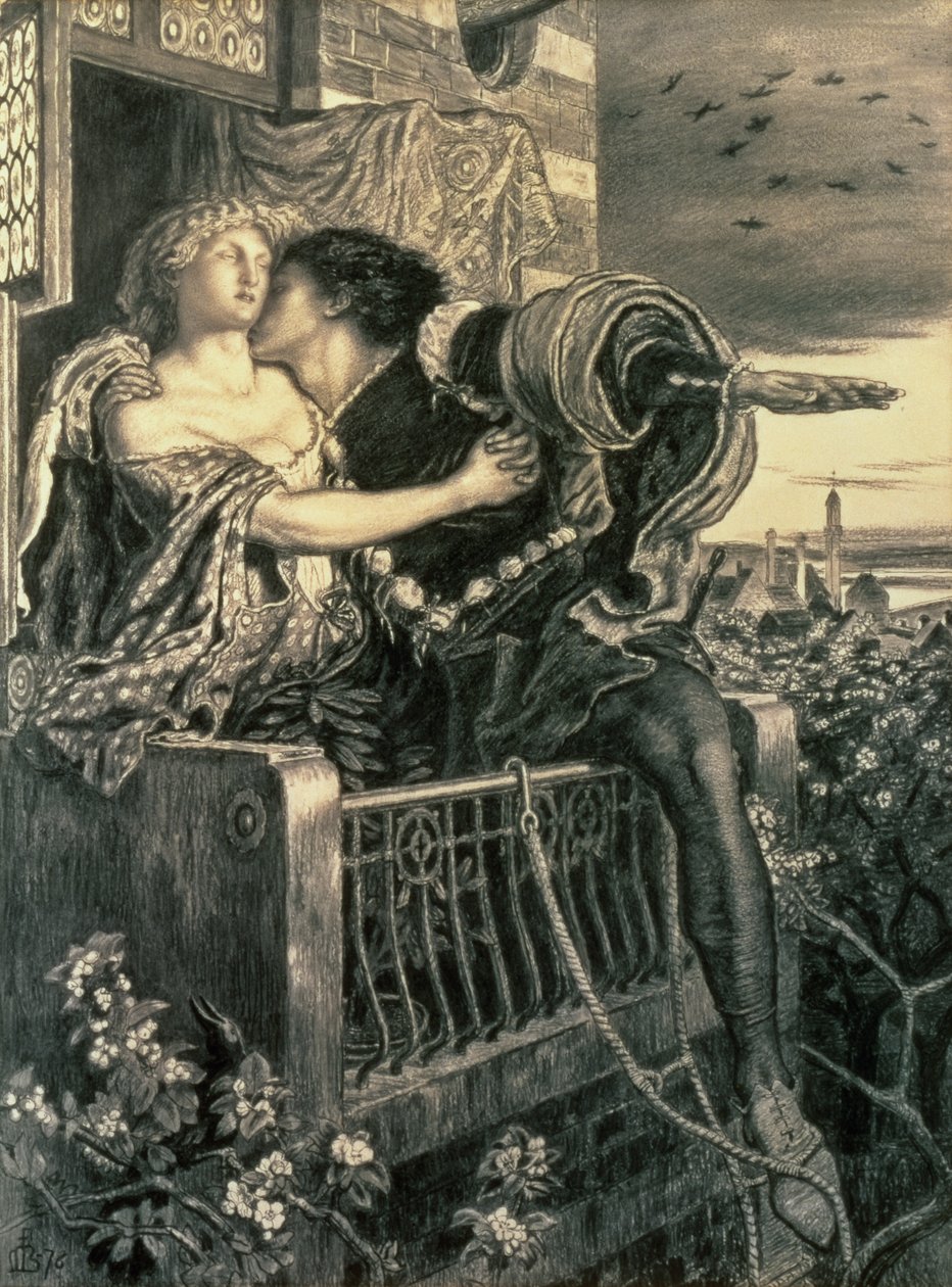 Romeo i Julia, 1876 (pióro i atrament i czarna kreda) autorstwa Ford Madox Brown