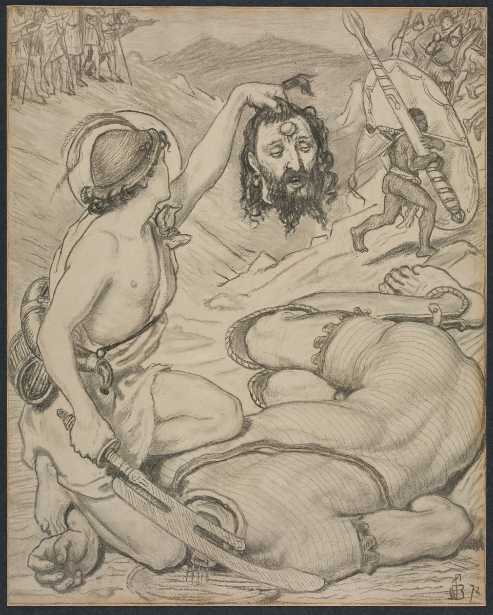 Dawid i Goliat, rysunek do witrażu w Jesus College w Cambridge autorstwa Ford Madox Brown