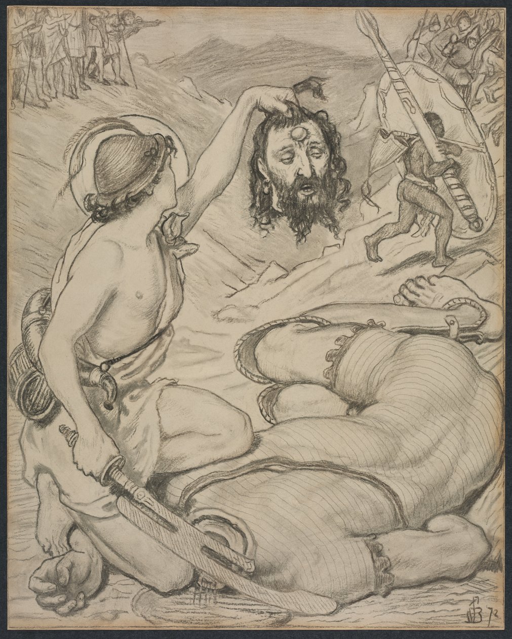 Dawid i Goliat, rysunek do witrażu w Jesus College, Cambridge, 1872. autorstwa Ford Madox Brown