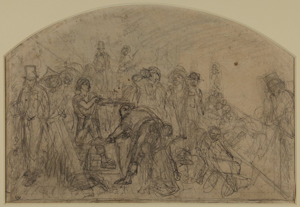 Pierwszy wstępny szkic do „pracy” (szkic kompozycyjny figur) autorstwa Ford Madox Brown