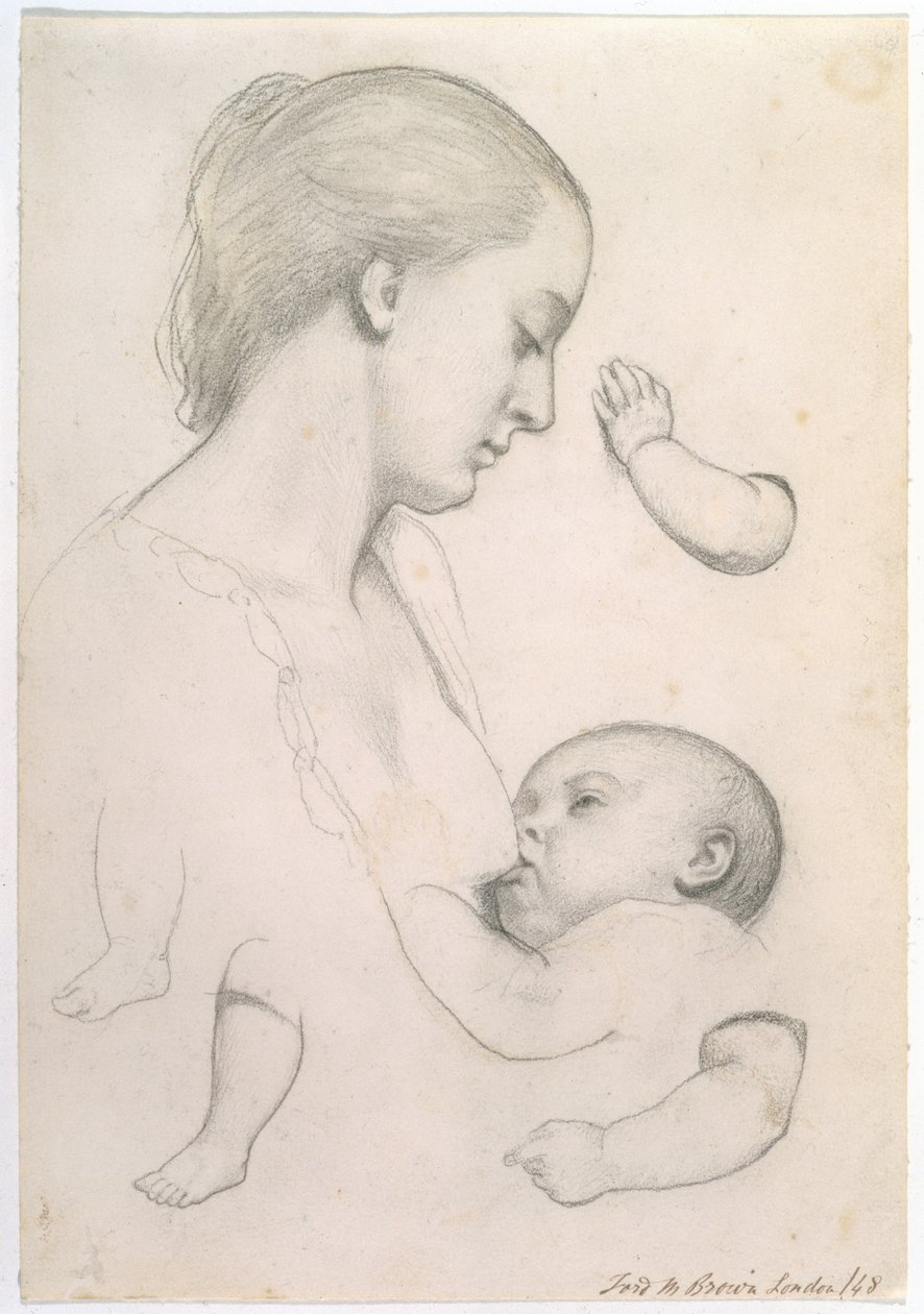 Odpoczynek Niemowlęcia - Studium Matki i Dziecka z oddzielnymi Studiami Dziecka na ręce i nogi, 1848 r. autorstwa Ford Madox Brown
