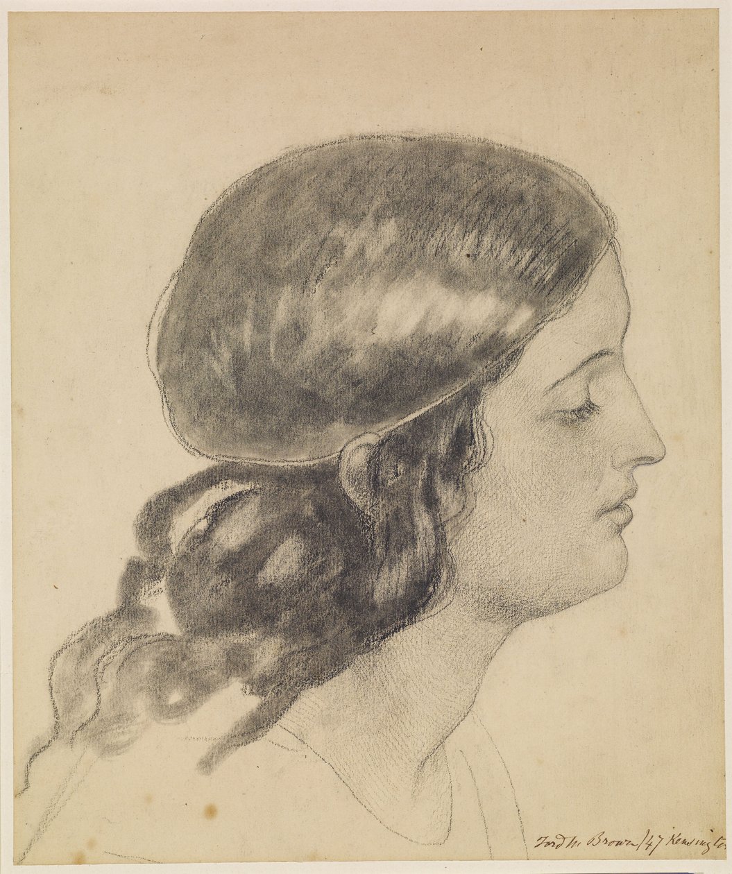 Oure Ladye of Saturday Night - Studium głowy anioła trzymającego miskę z wodą autorstwa Ford Madox Brown