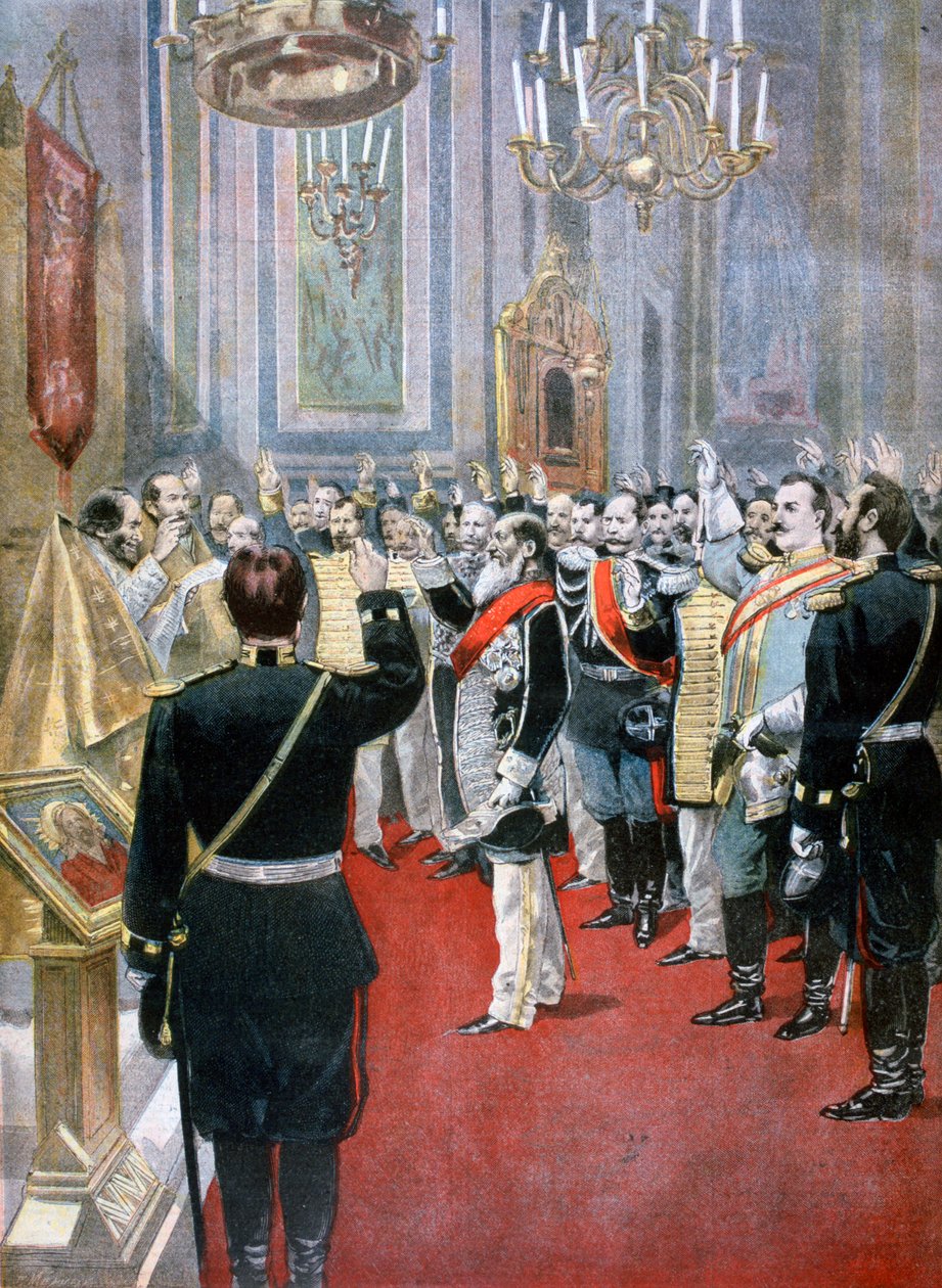 Złożenie przysięgi wierności carowi Mikołajowi II, cerkiew rosyjska w Paryżu, 1894 autorstwa Fortuné Méaulle