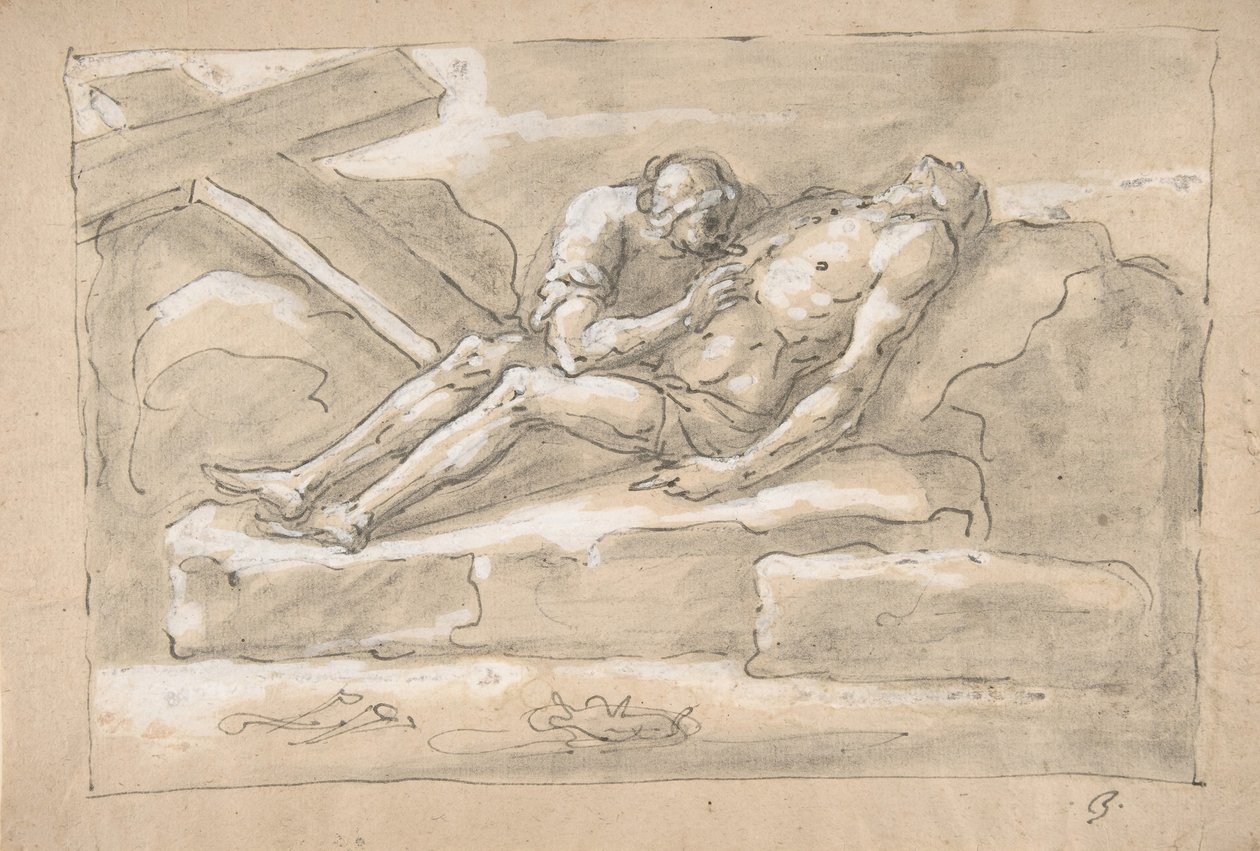 Zmarły Chrystus opłakiwany przez Magdalenę, która czci ranę boczną, 1787-1863. autorstwa Fortunato Duranti