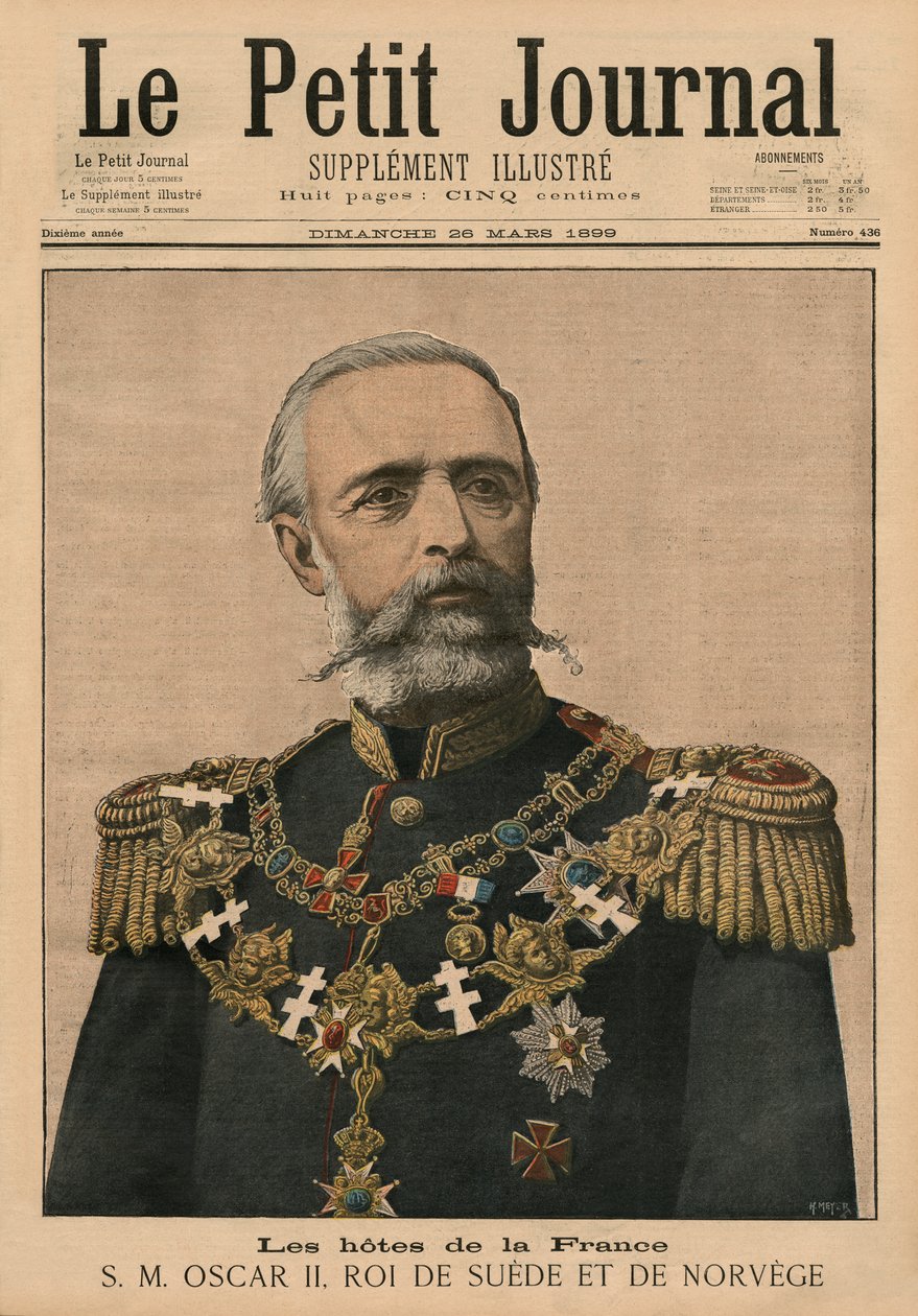Francuscy gospodarze: Jego Wysokość Oscar II, król Szwecji i Norwegii, ilustracja na okładce „Le Petit Journal”, dodatek illustre, 26 marca 1899 (kolor lito) autorstwa Fortune Louis Meaulle and Henri Meyer