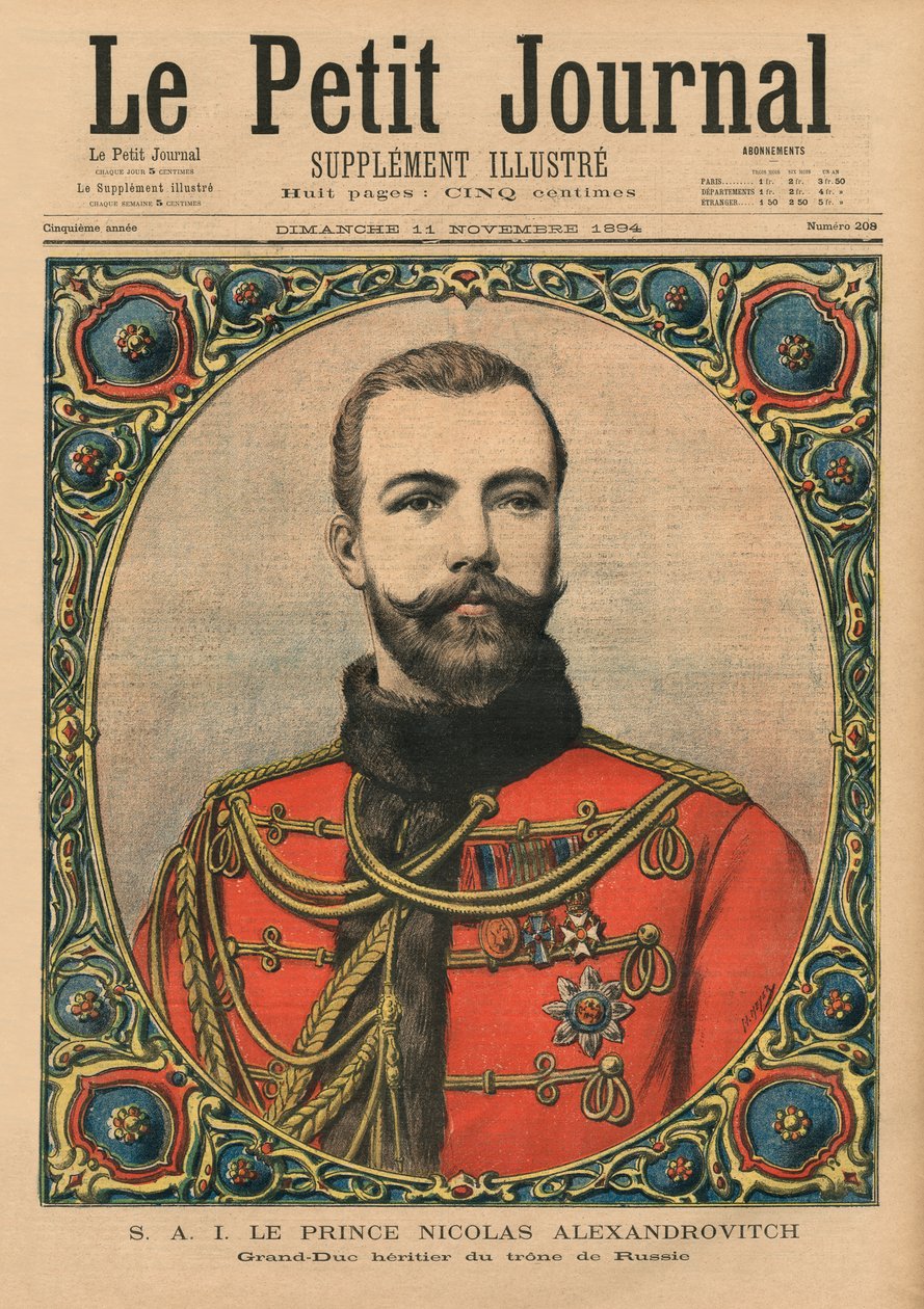 Jego Cesarska Wysokość Książę Mikołaj Aleksandrowicz, przyszły cesarz i car Mikołaj II, ilustracja na okładce „Le Petit Journal”, dodatek ilustr., 11 listopada 1894 autorstwa Fortune Louis Meaulle and Henri Meyer
