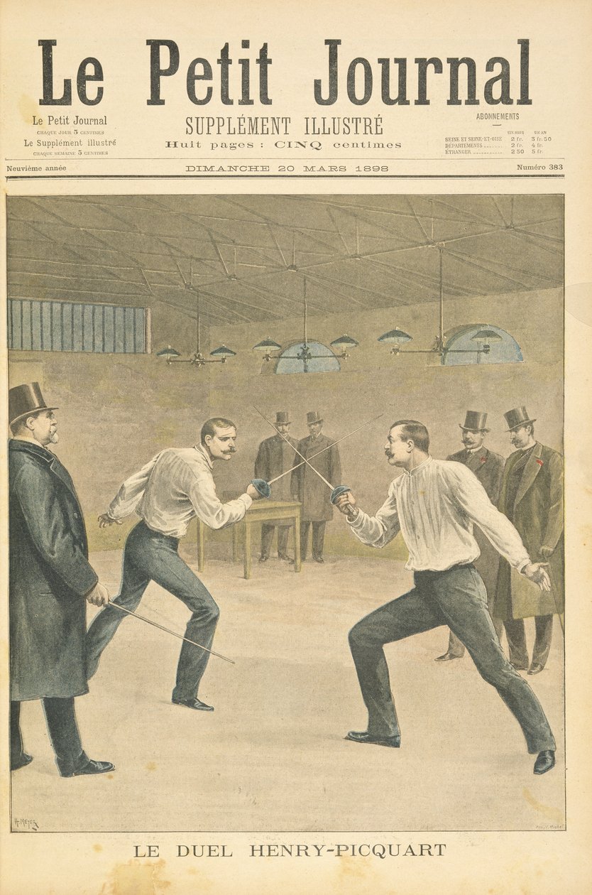 Strona tytułowa przedstawiająca pojedynek Henry-Picquart, walczących oficerów podczas afery Dreyfusa, ilustracja z ilustrowanego dodatku do Le Petit Journal, 20 marca 1898 r. autorstwa Fortune Louis Meaulle and Henri Meyer