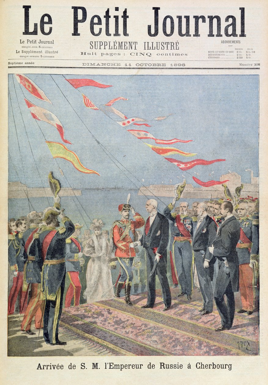 Strona tytułowa przedstawiająca przybycie Jego Królewskiej Mości Cesarza Rosji do Cherbourga, ilustracja z ilustrowanego dodatku Le Petit Journal, 11.10.1896 autorstwa Fortune Louis Meaulle and Henri Meyer