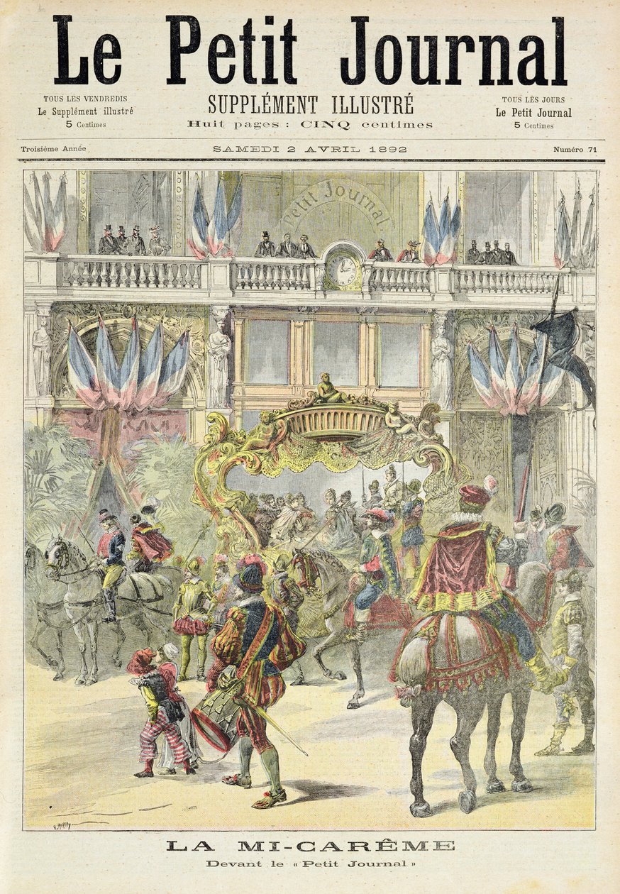 Strona tytułowa przedstawiająca pochód w połowie Wielkiego Postu przed biurami Petit Journal, ilustracja z ilustrowanego dodatku Le Petit Journal, 2 kwietnia 1892 autorstwa Fortune Louis Meaulle and Henri Meyer