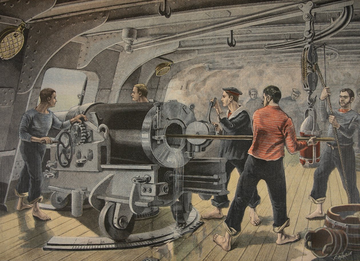 Manewrowanie armaty przez hiszpańską piechotę morską przed Santiago na Kubie, ilustracja z „Le Petit Journal: Supplement illustre”, 1898 autorstwa Fortune Louis Meaulle