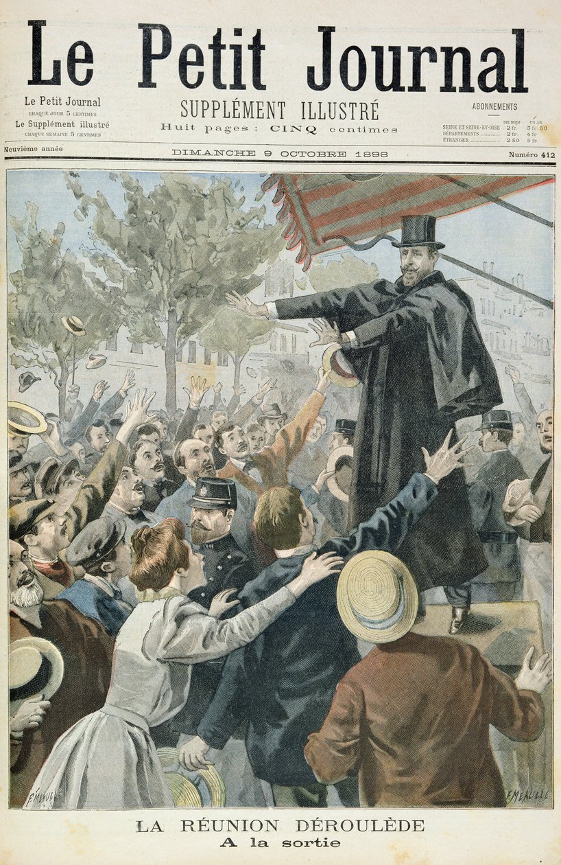 Strona tytułowa przedstawiająca spotkanie z Deroulede, ilustracja z ilustrowanego dodatku Le Petit Journal, 9.10.1898 (kolor lito) autorstwa Fortune Louis Meaulle