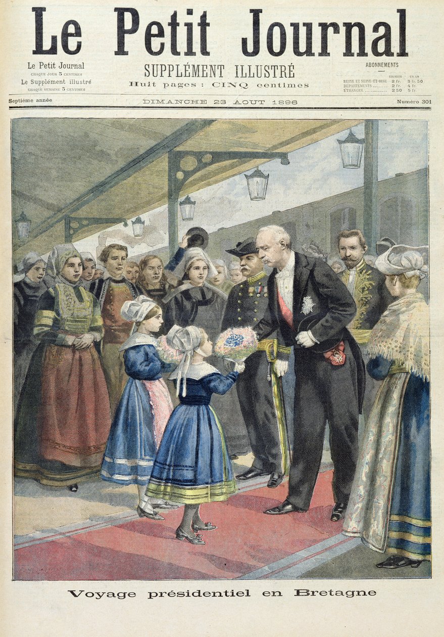 Strona tytułowa przedstawiająca prezydencką podróż Felixa Faure do Wielkiej Brytanii, ilustracja z ilustrowanego dodatku Le Petit Journal, 23 sierpnia 1896 autorstwa Fortune Louis Meaulle