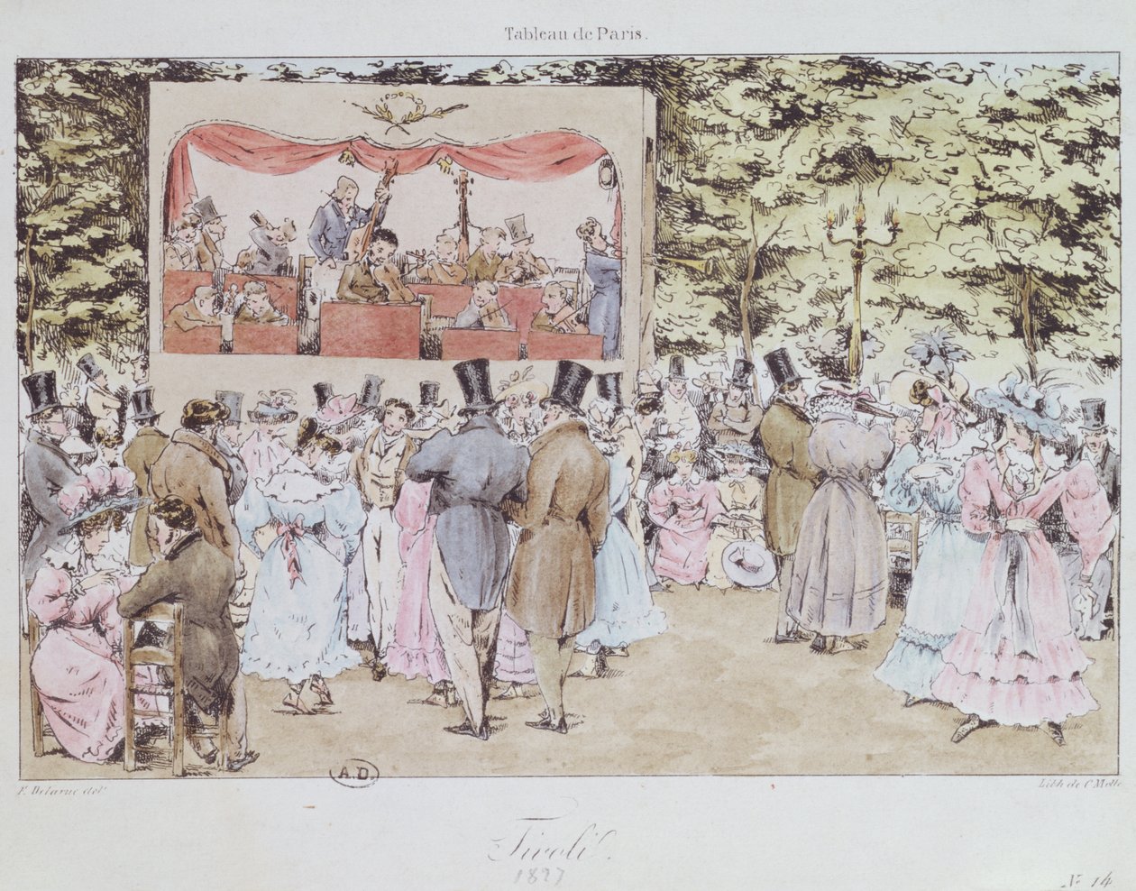 Rozrywka muzyczna w Nowych Ogrodach Tivoli w Paryżu, grawerowana przez C. Motte, 1827 autorstwa Fortune Delarue