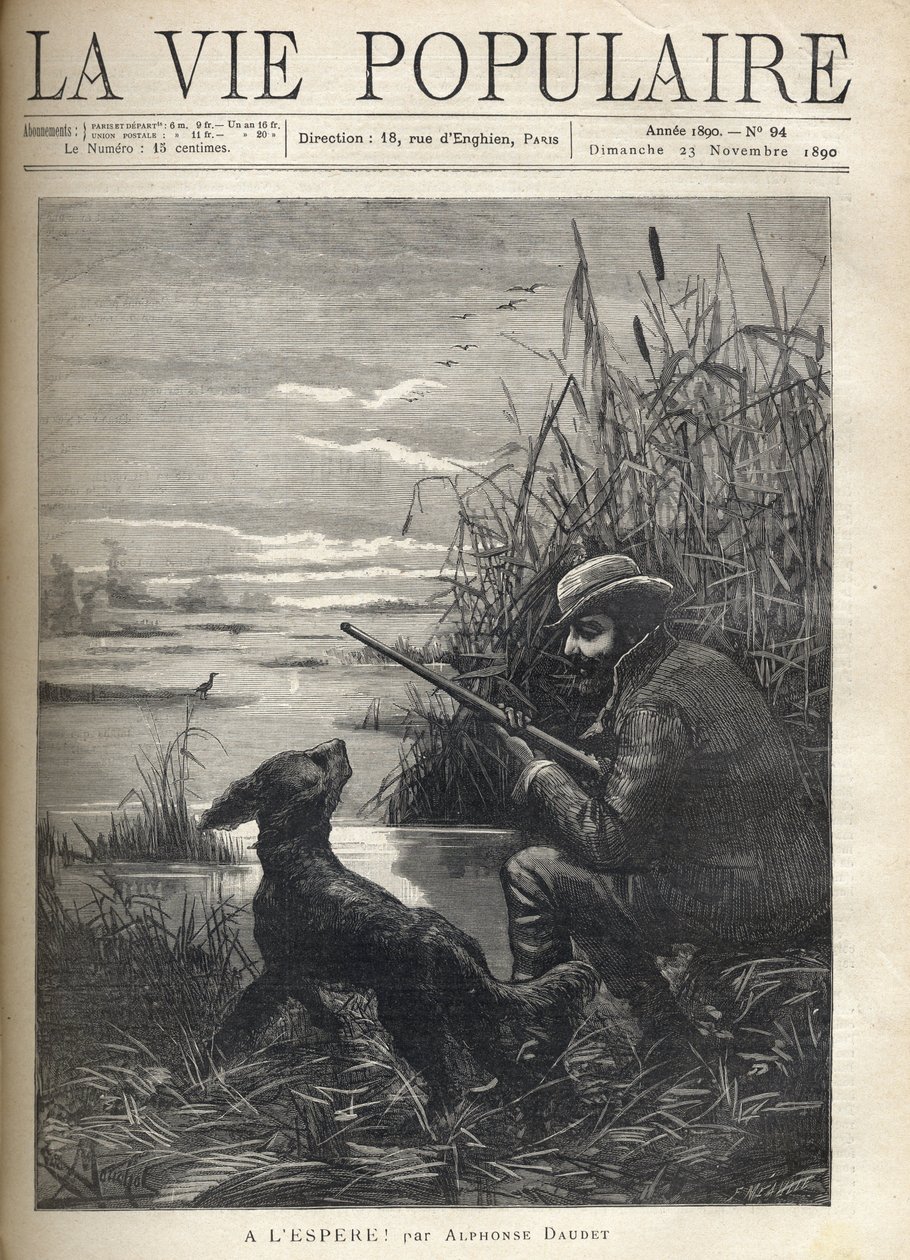 Łowca ptaków obserwuje ze swoim psem na bagnach. Ilustracja F. Meaulle dla „” Mam nadzieję! „” Alphonse Daudet (1840-1897). Rycina z 1890 roku w „La vie populaire”. Prywatna kolekcja autorstwa Fortune Louis Meaulle