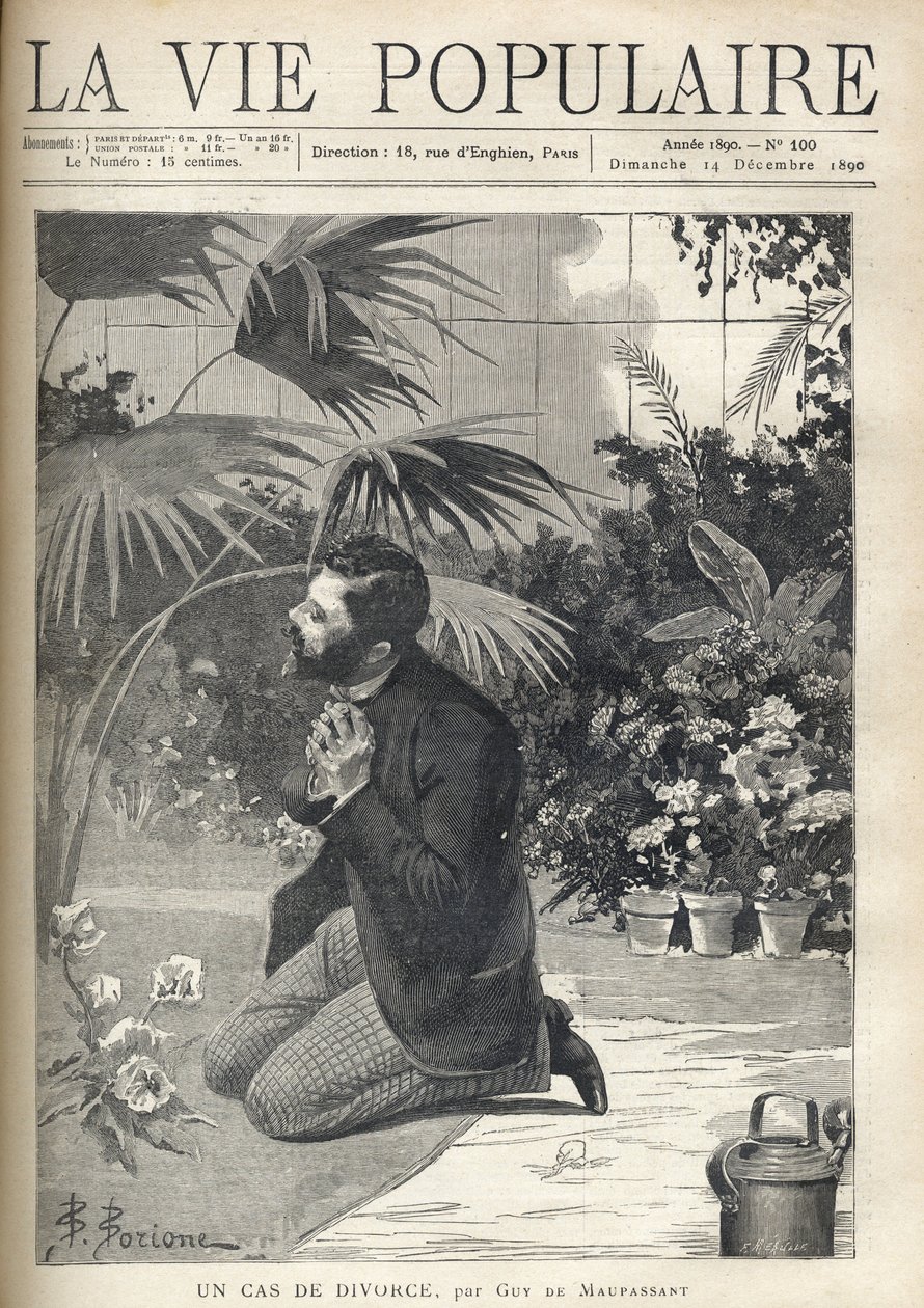 Zdesperowany mężczyzna modli się na kolanach w szklarni. Ilustracja F. Meaulle za B. Borione do „Sprawy rozwodowej” Guy de Maupassant (1850-1893). Rycina z 1890 roku w „La vie populaire”. Prywatna kolekcja autorstwa Fortune Louis Meaulle