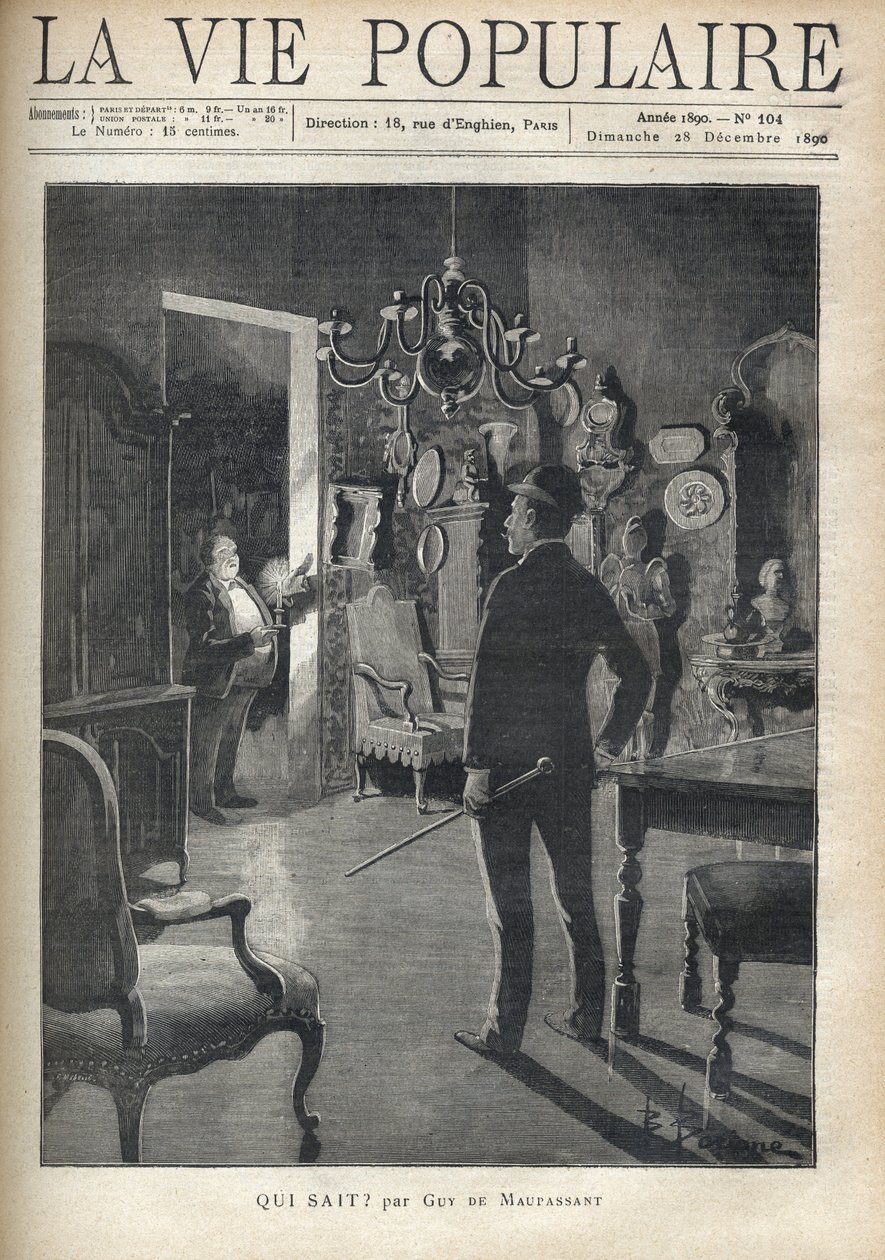 Mężczyzna zaskakuje intruza w domu w środku nocy. Ilustracja F. Meaulle według B. Borione dla „” Kto wie? „” Guy de Maupassant (1850-1893). Rycina z 1890 roku w „La vie populaire”. Prywatna kolekcja autorstwa Fortune Louis Meaulle