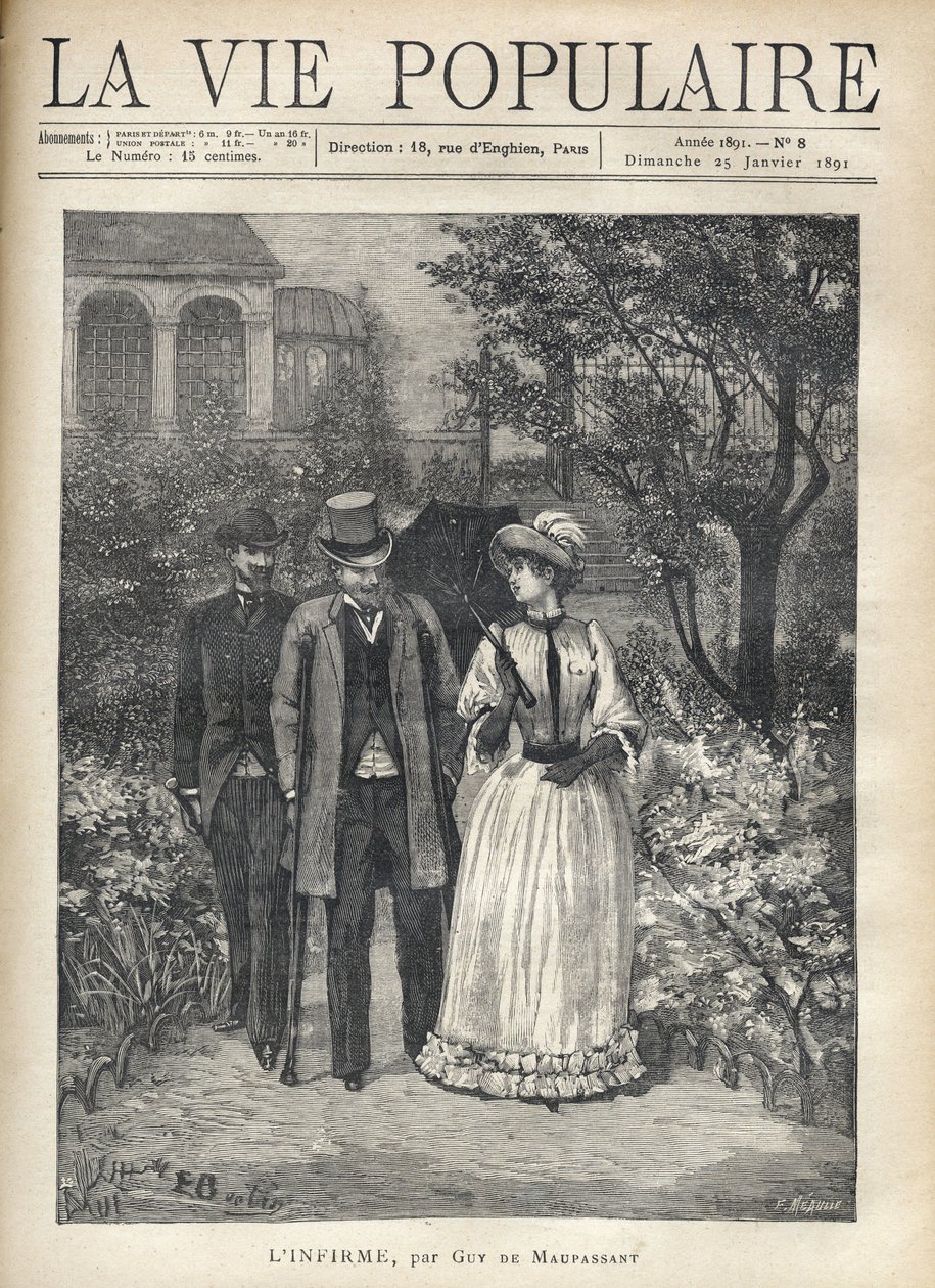 Mężczyzna z bequillami spaceruje z elegancką młodą kobietą po alejkach parku. Za nimi podąża drugi mężczyzna. Ilustracja Fortune Louis (Fortune-Louis) Meaulle dla „”L