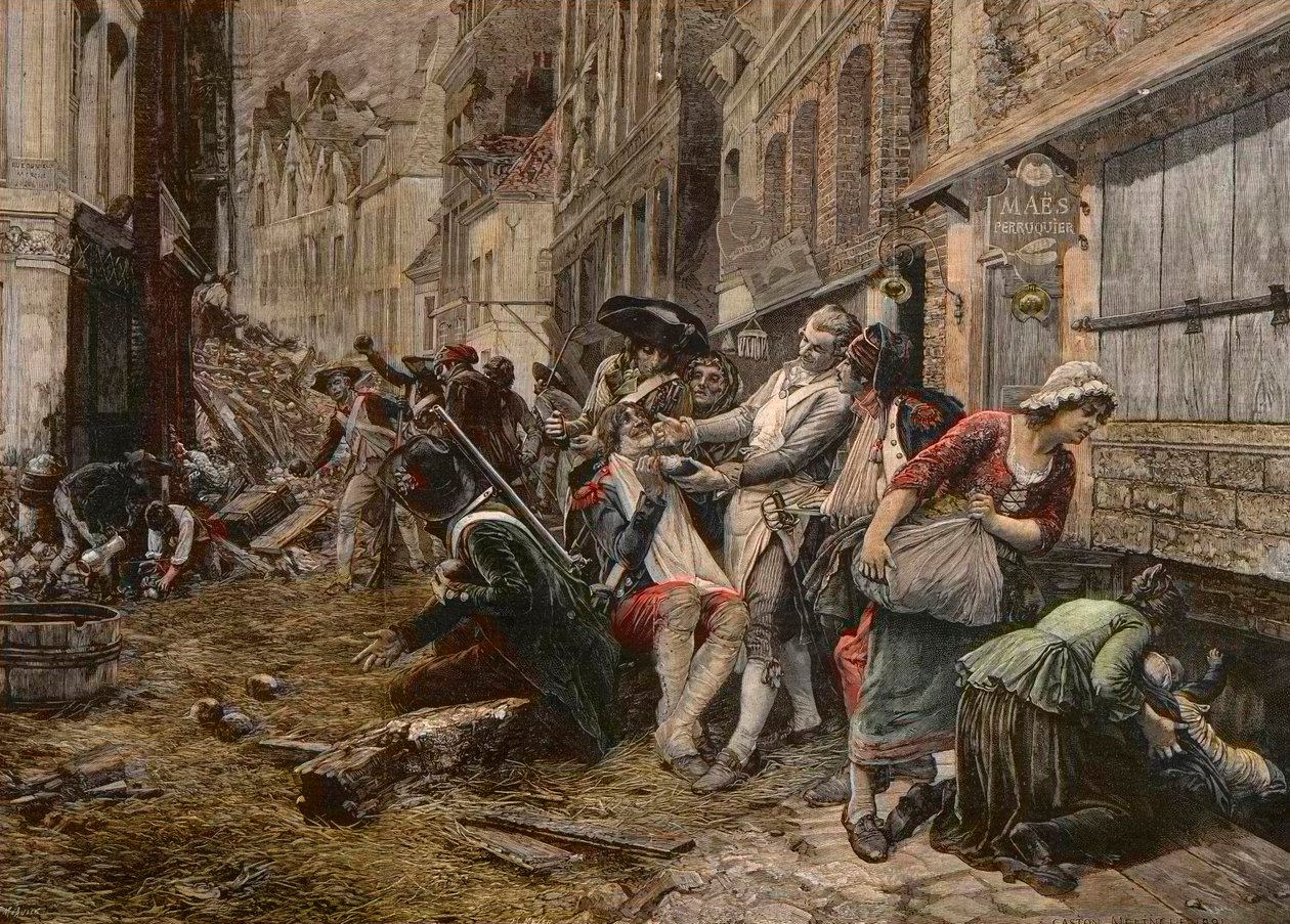 Epizod oblężenia w Lille, październik 1792 - Siege de Lille en 1792: peruka Maes używająca pocisku bombowego jako miski na brodę do ogolenia klienta - grawerunek Meaulle
